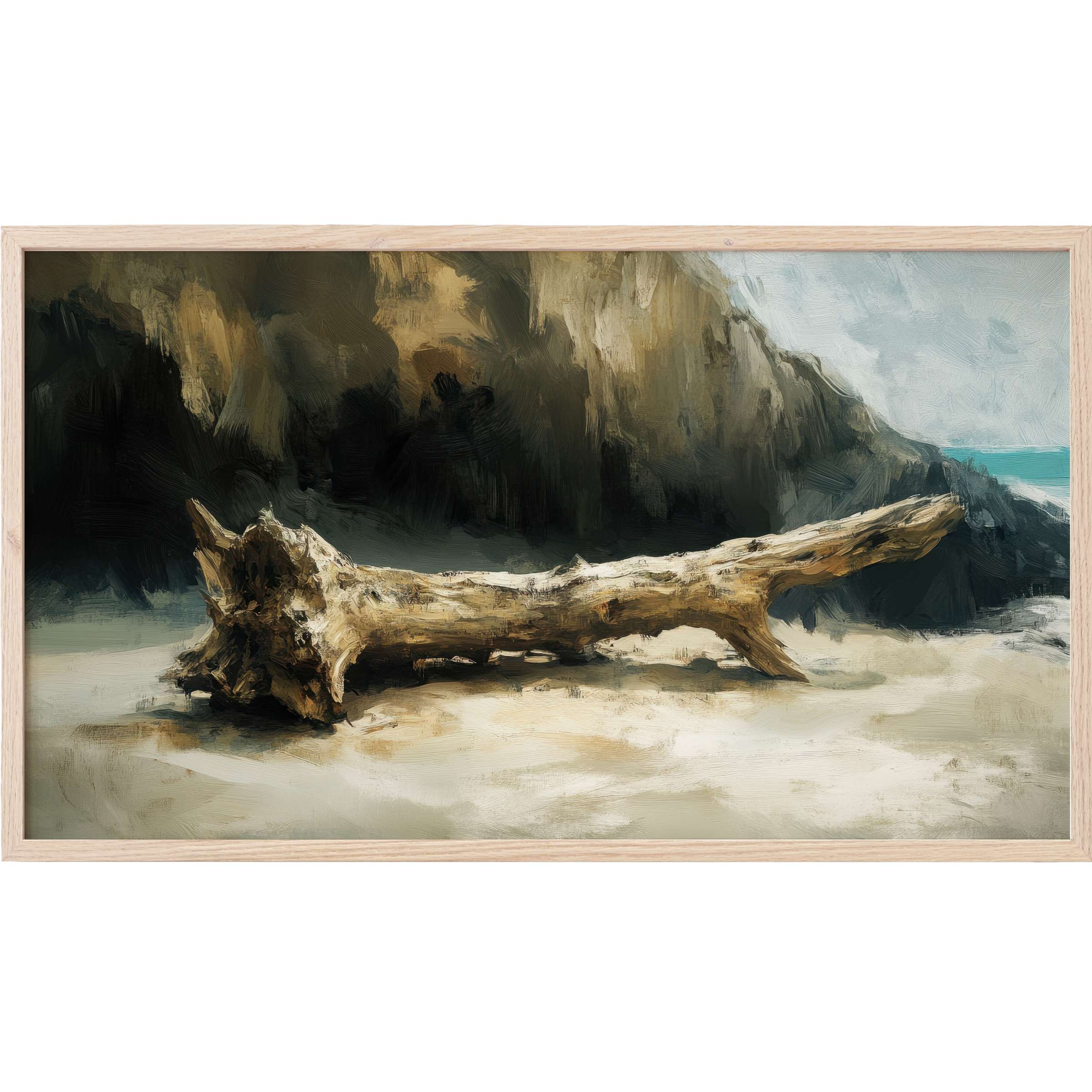Coastal Frame TV Art featuring a sunlit driftwood on sandy beach with muted earthy tones and soft brushstrokes