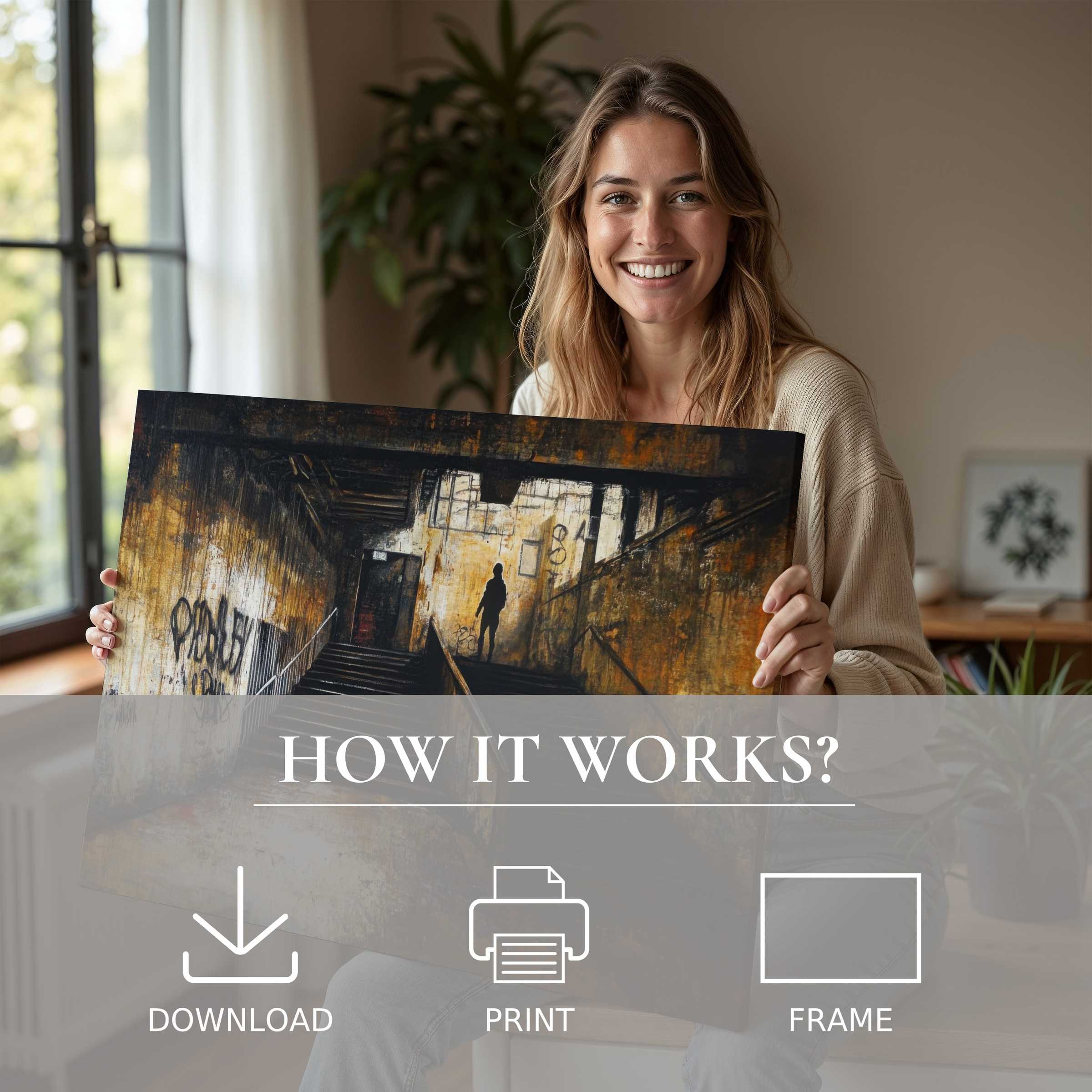 A radiant moment of connection with street art digital art print, enriching modern living spaces with effortless elegance and inspired joy