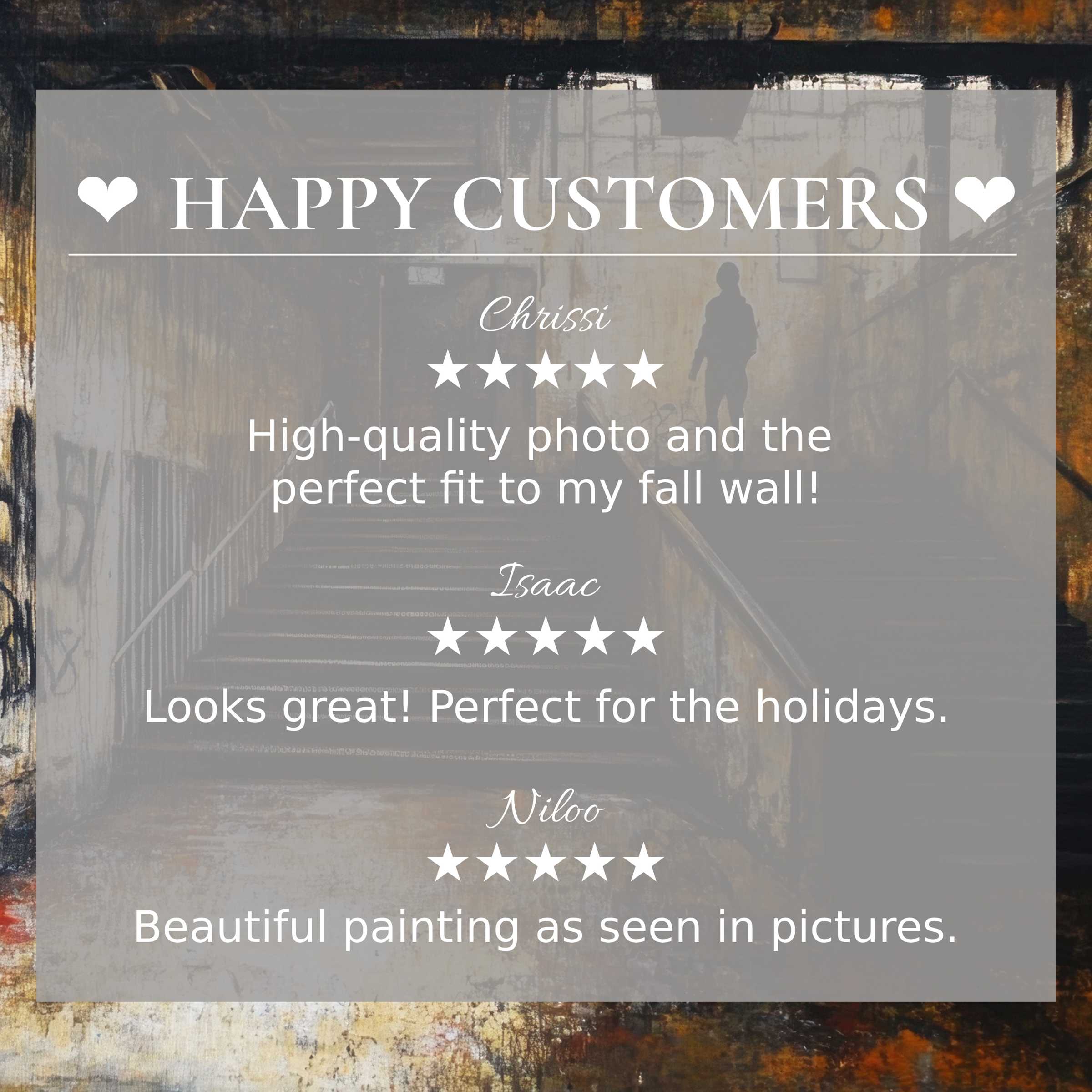 Positive reviews from happy customer highlight street art for Frame TV with warm, abstract sunset hues and elegant trust-building design