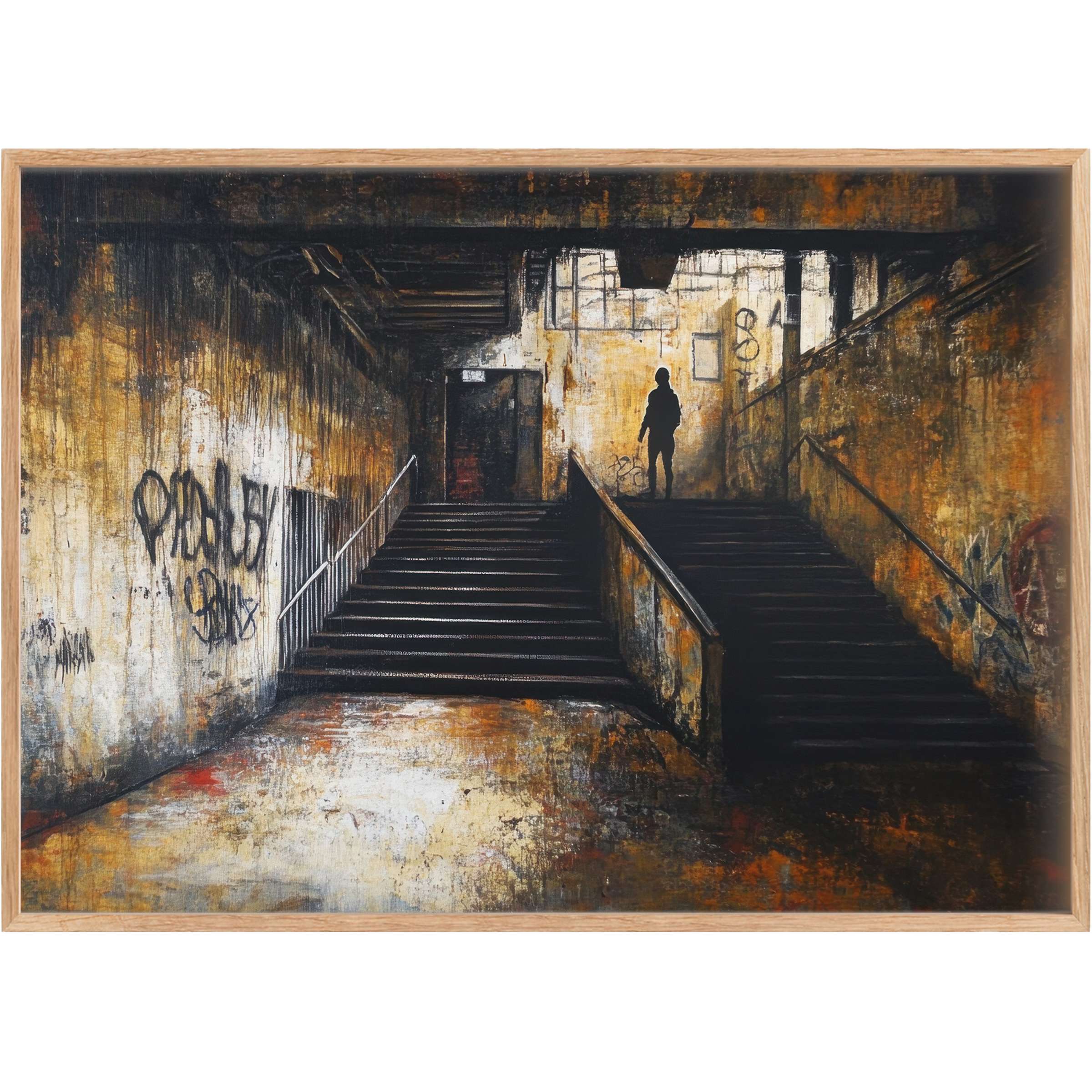 Moody street art printable wall art with warm amber and deep shadows, evoking urban mystery and raw, bold sophistication