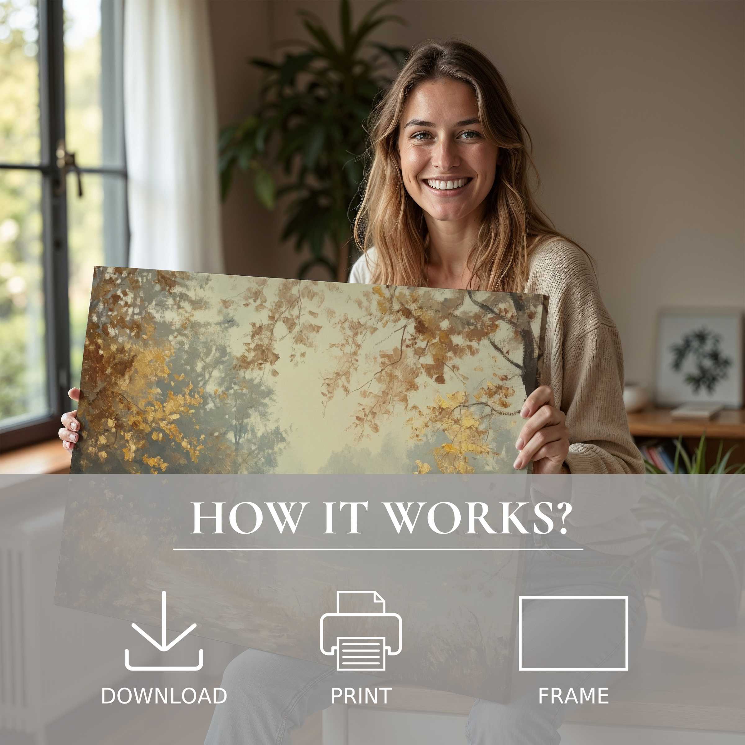 Radiant fall digital art print embraced in a sunlit modern home, capturing serene connection and effortless style