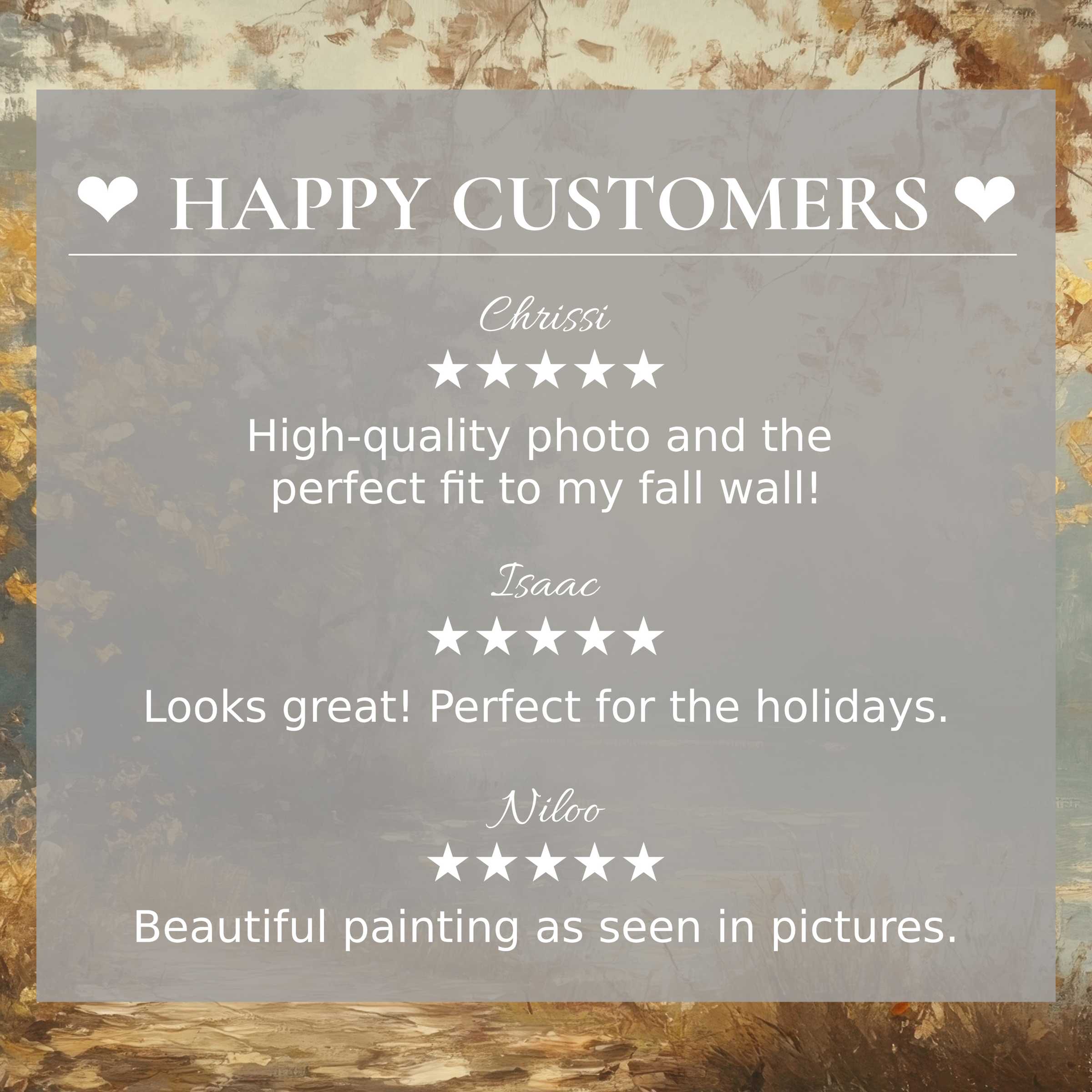 Elegant fall art for Frame TV with abstract sunset hues; layout builds trust with happy customer reviews