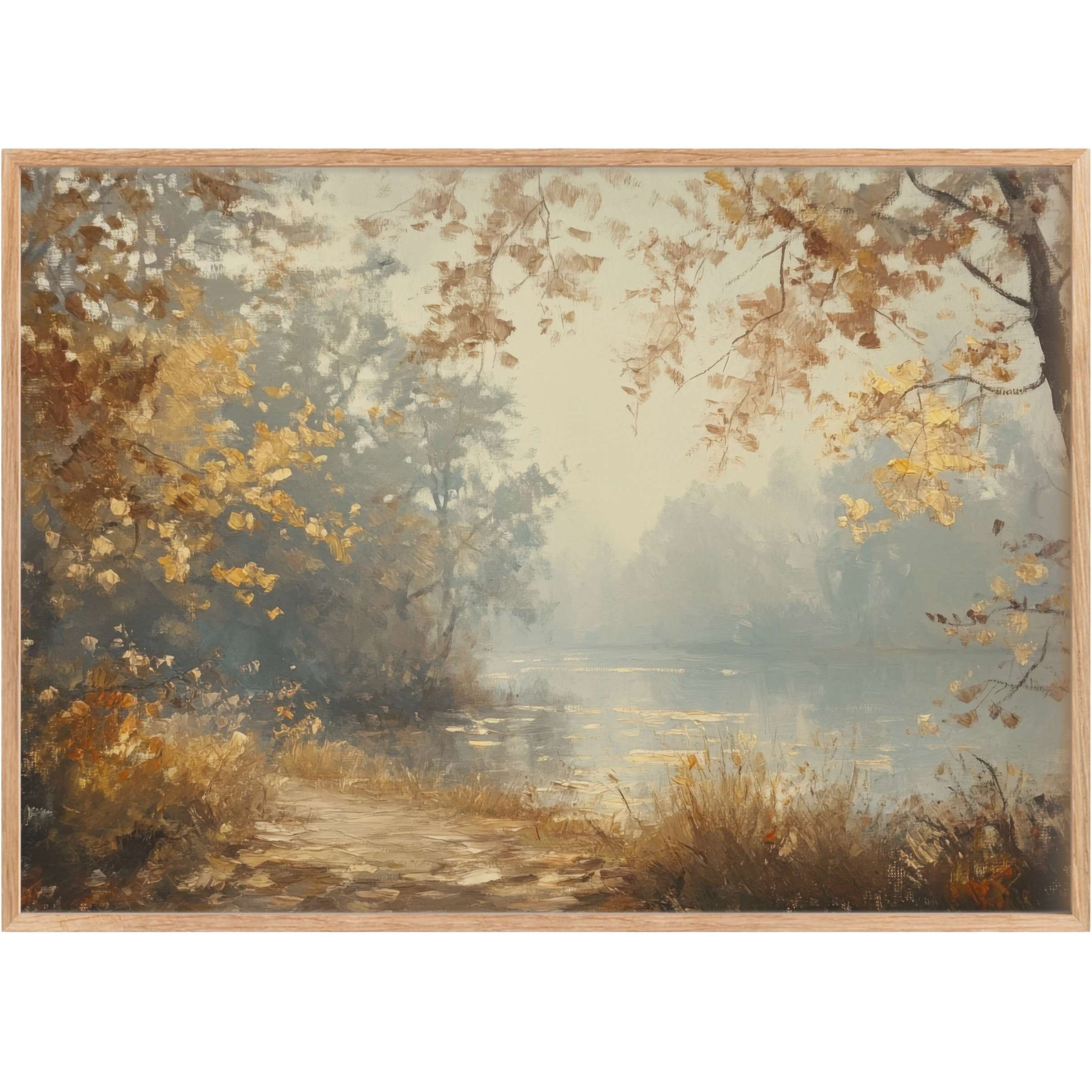 Serene fall printable wall art capturing a misty lakeside path with soft golds and muted grays, evoking calm reflection