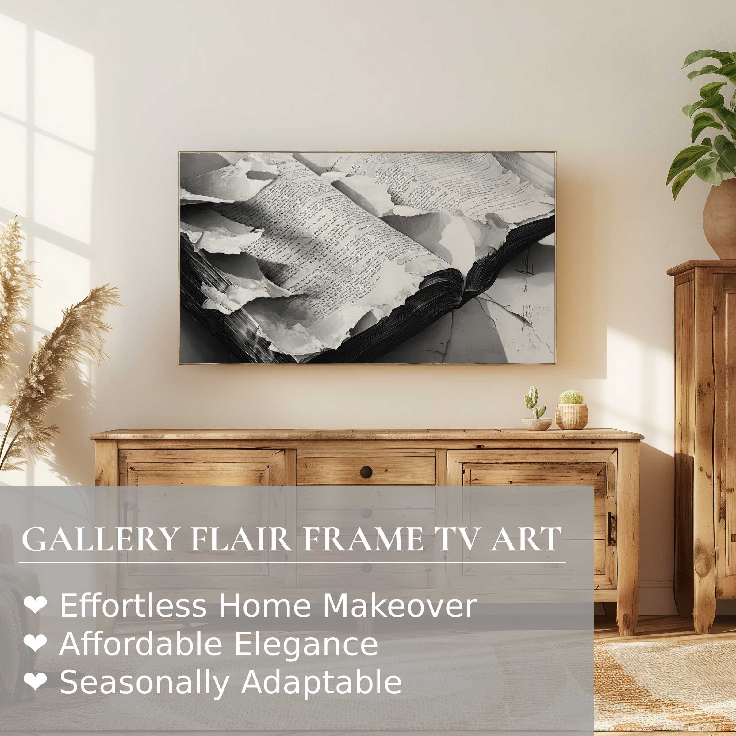 Samsung Frame TV displaying black and white digital artwork of torn paper in a serene, stylish living space