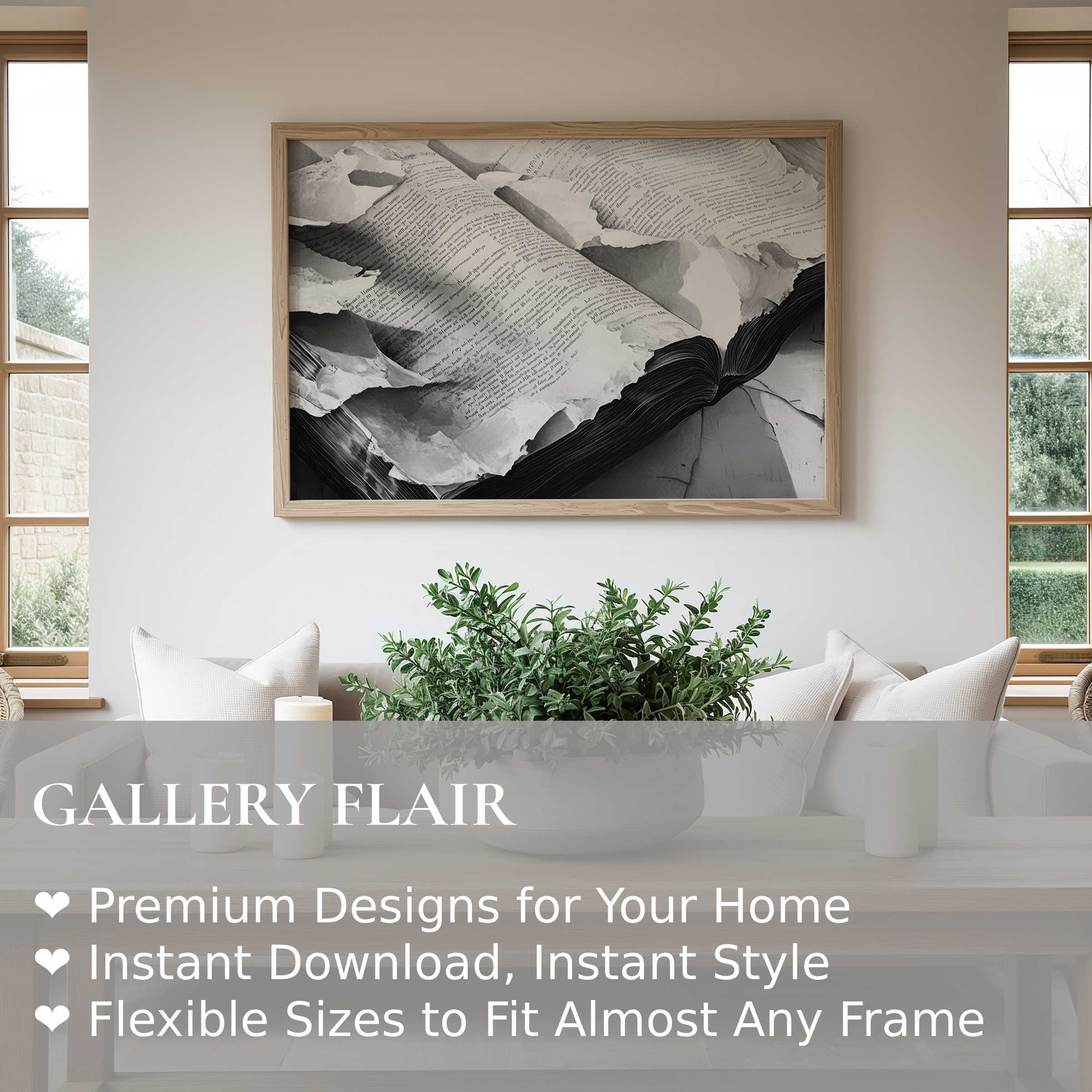 Black and white wall art print featuring torn pages in a bold, textured composition; elevates modern, minimalist interiors with artistic depth and timeless sophistication