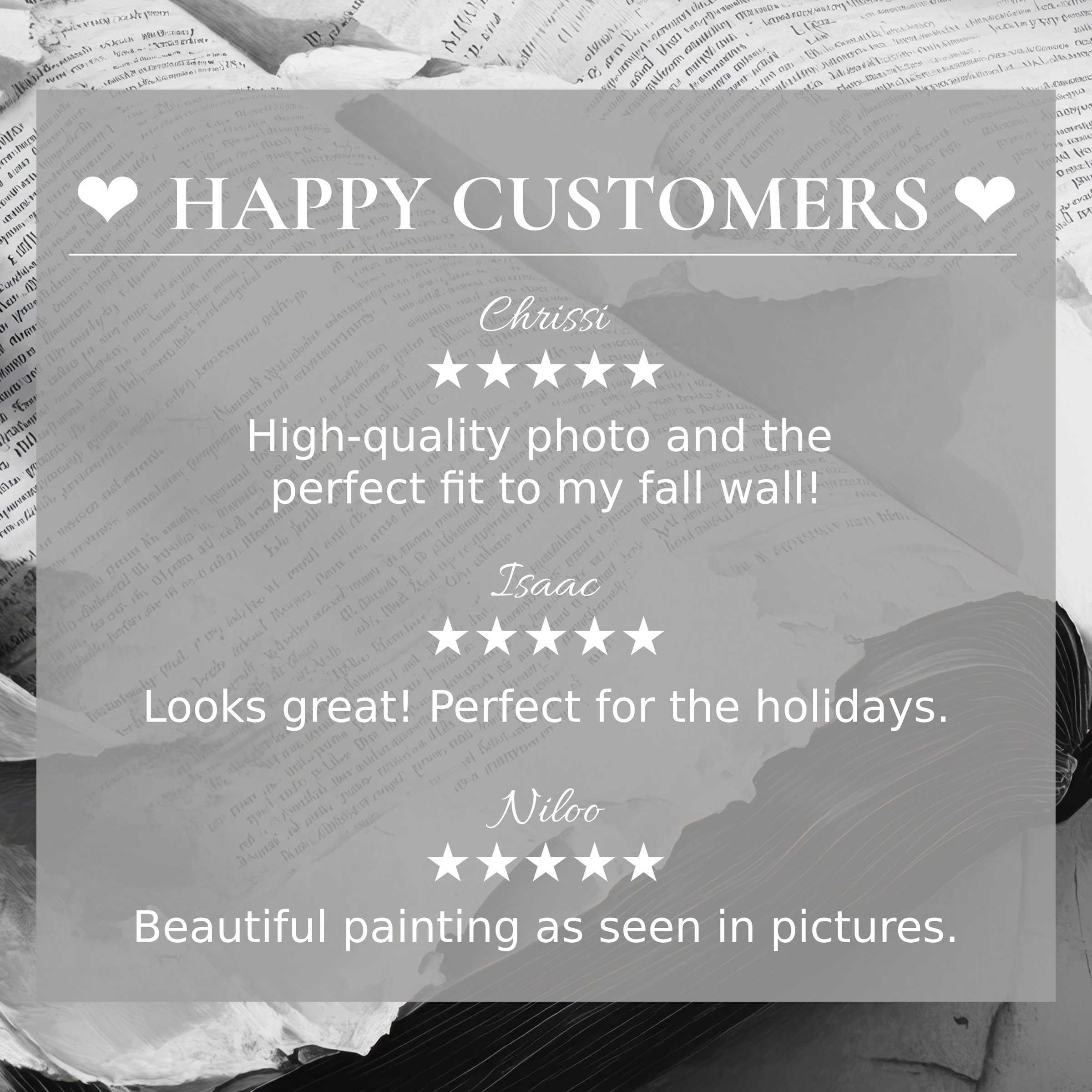 Black and white art for Frame TV with abstract textured background, showcasing happy customer reviews, trust, and elegance