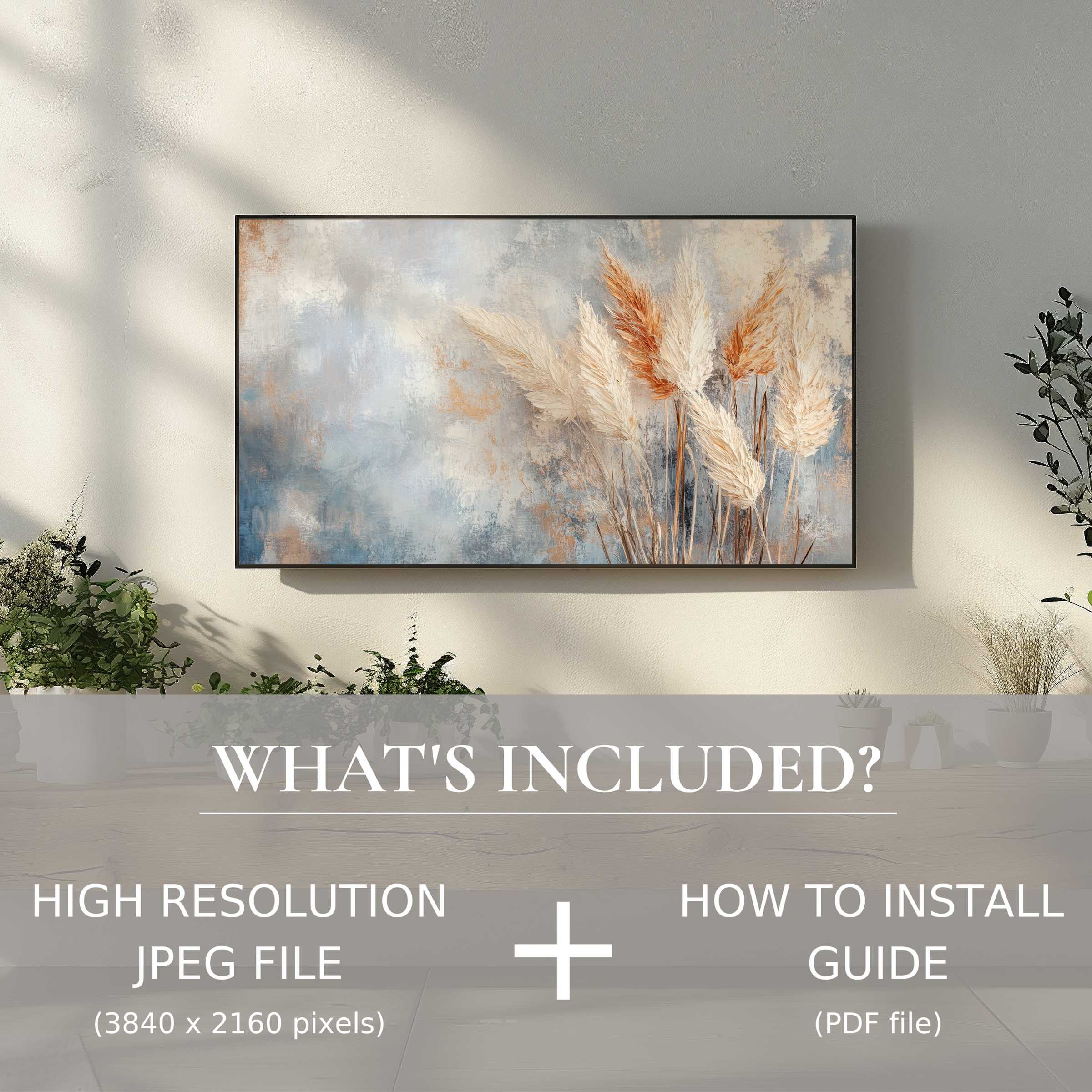 Elegant boho digital TV art download, easy to use, elevates living space with soft pampas grass tones