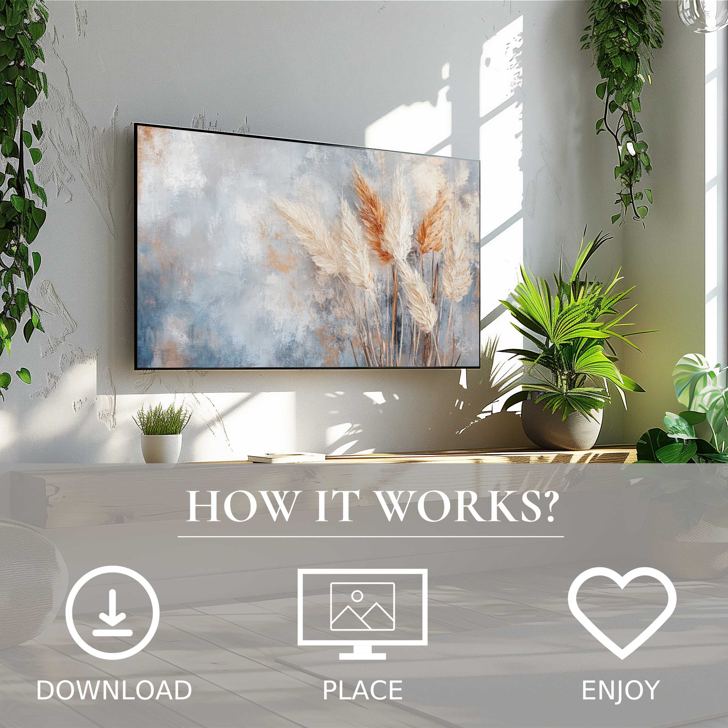 Boho art for Samsung TV with soft sunset tones, easy digital download, enriching your modern living space