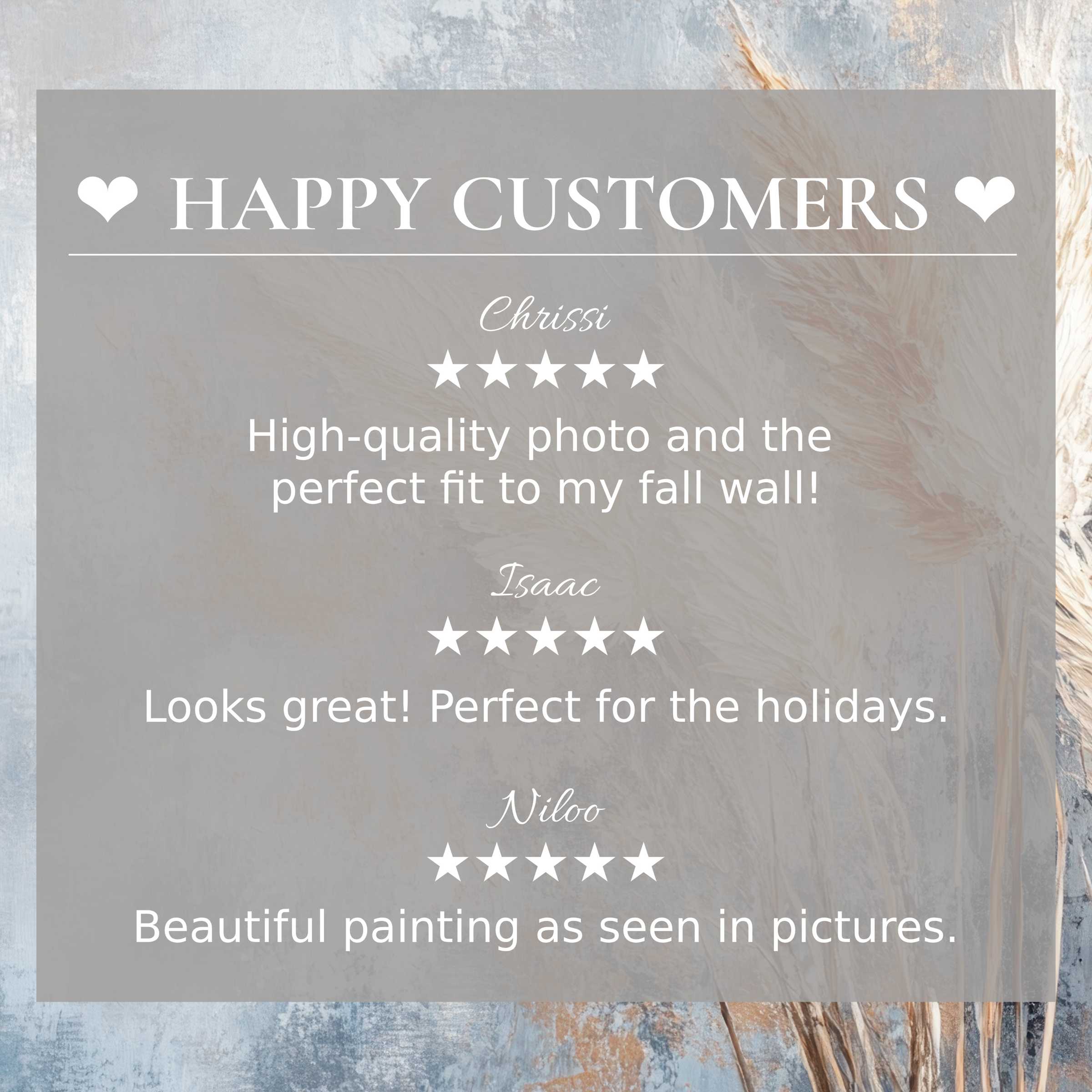 Boho art for Frame TV with abstract sunset tones, showcasing happy customer reviews and elegant, trust-building design