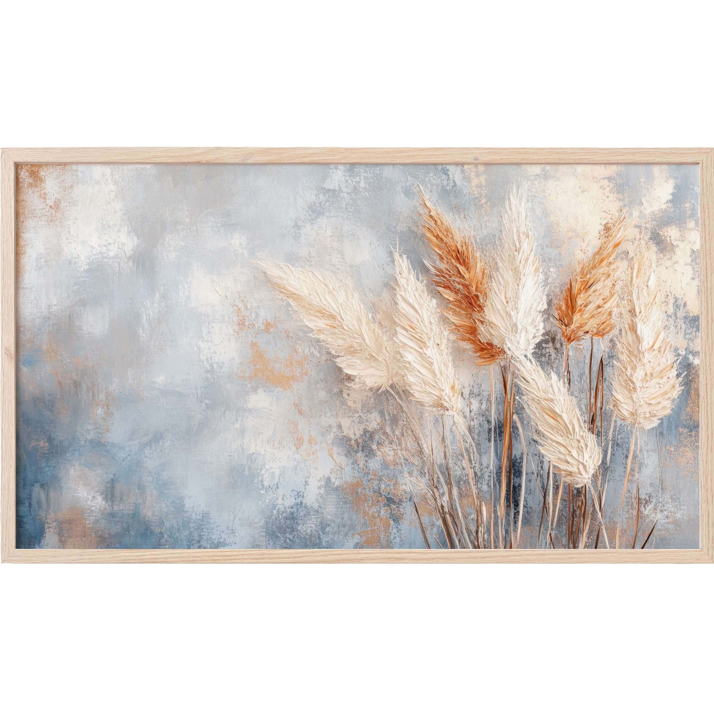 Boho Frame TV Art featuring textured pampas grass in warm neutrals against a soft blue-gray abstract background