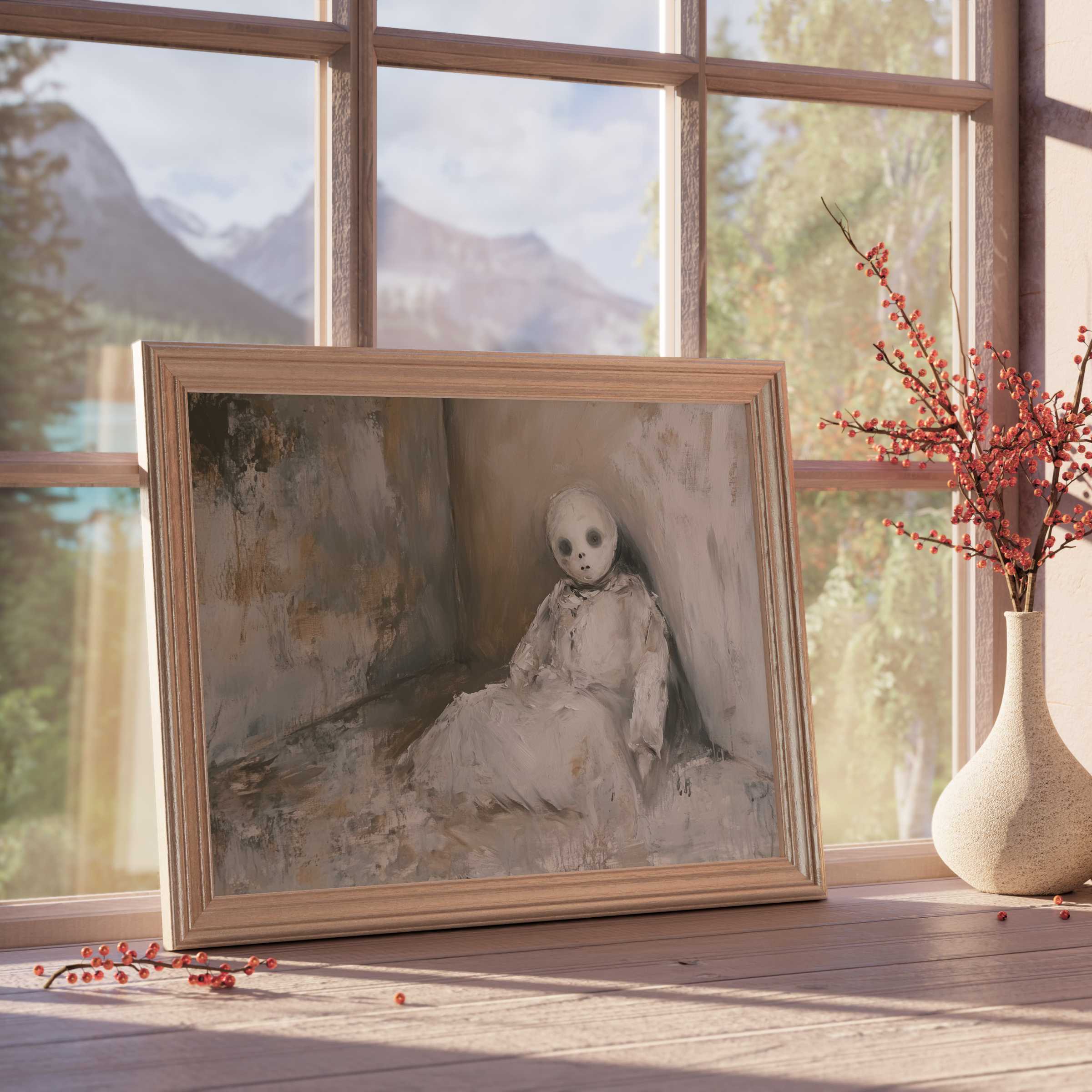 Eerie halloween downloadable art with hauntingly delicate figure, perfect for adding mysterious, curated charm to elegant interiors