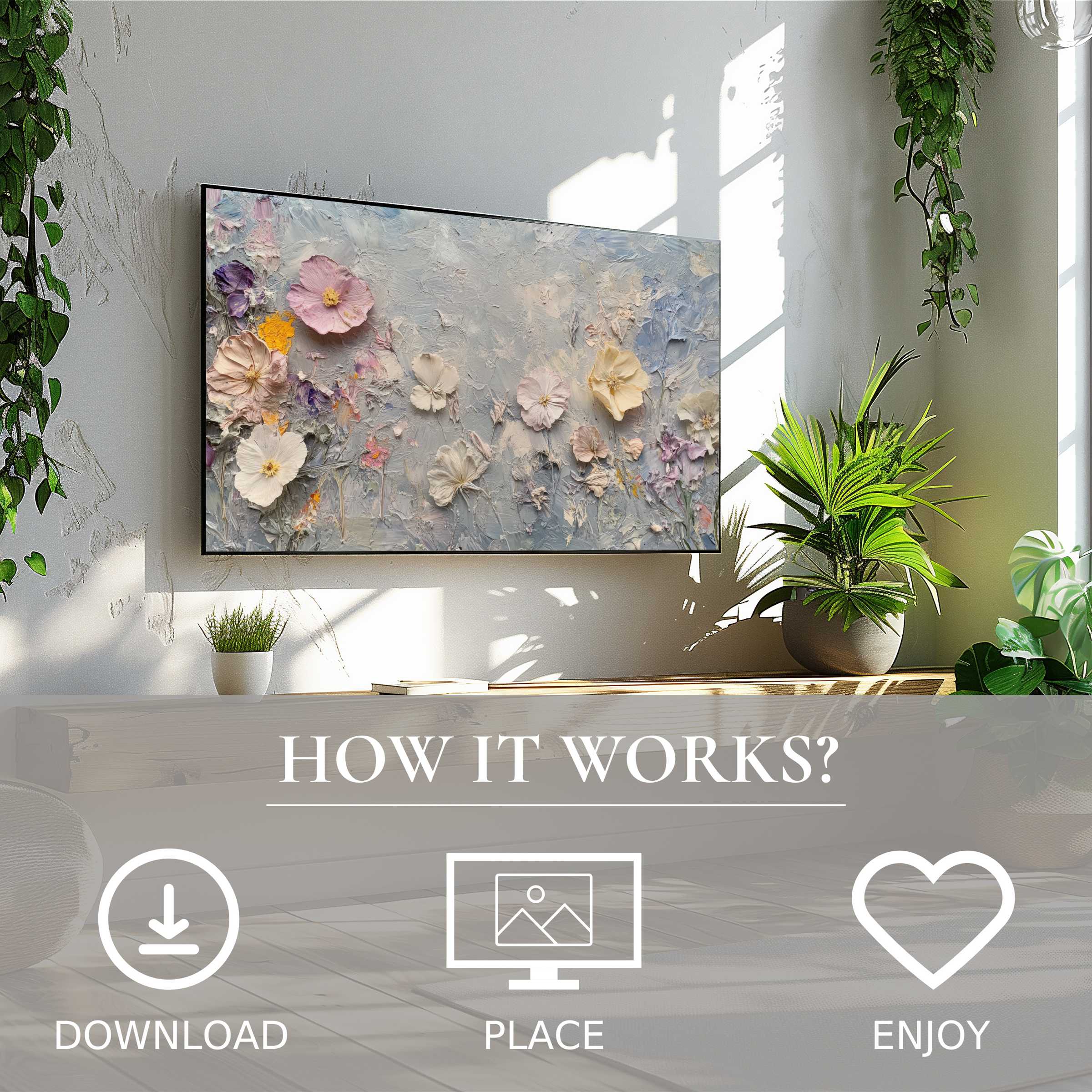 Botanical art for Samsung TV with soft pastel floral textures, easy digital download, enriching modern living spaces
