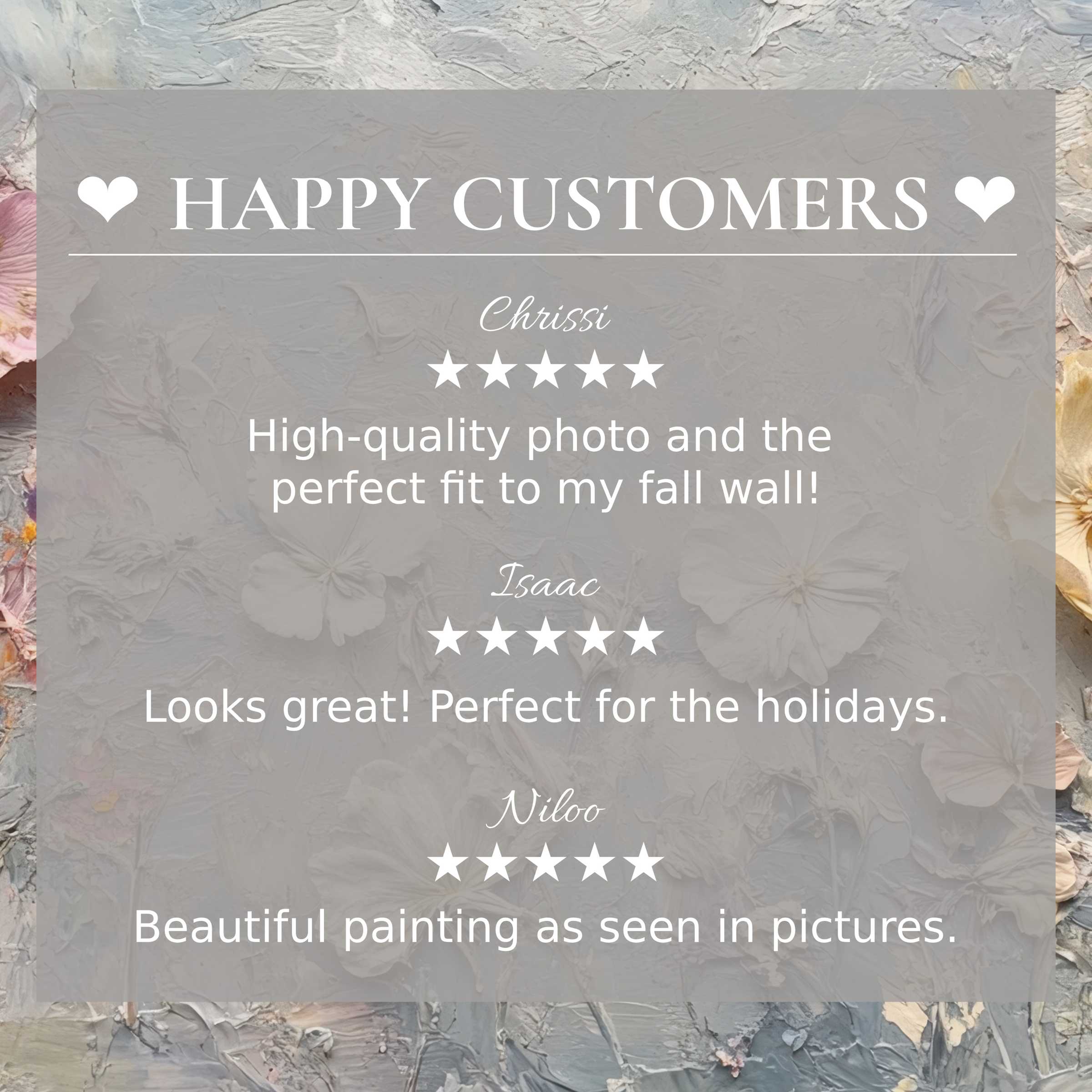 Trustworthy layout with glowing reviews and subtle floral textures, showcasing botanical art for Frame TV by a happy customer