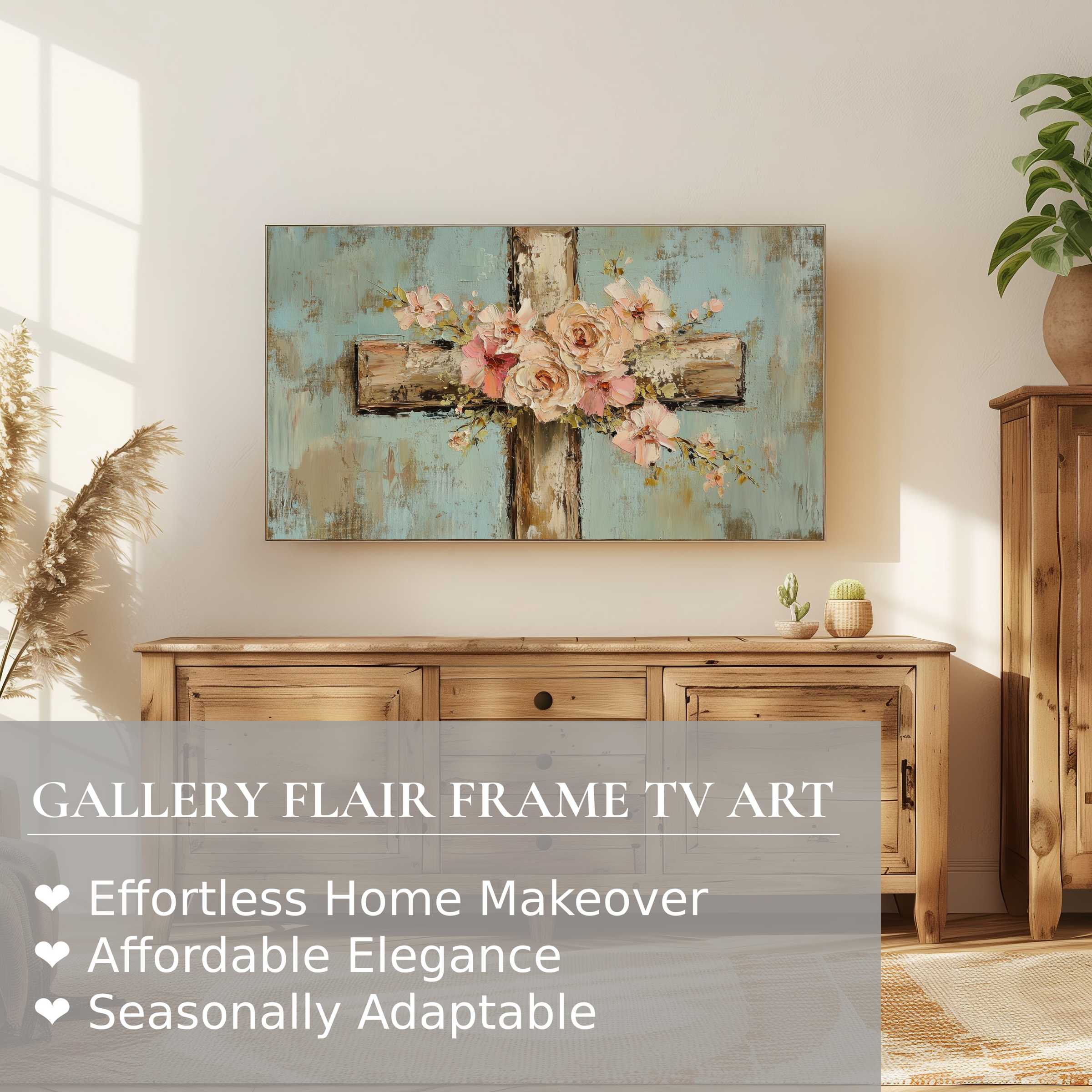 Samsung Frame TV displaying elegant easter digital artwork with rustic floral cross in a warm modern interior