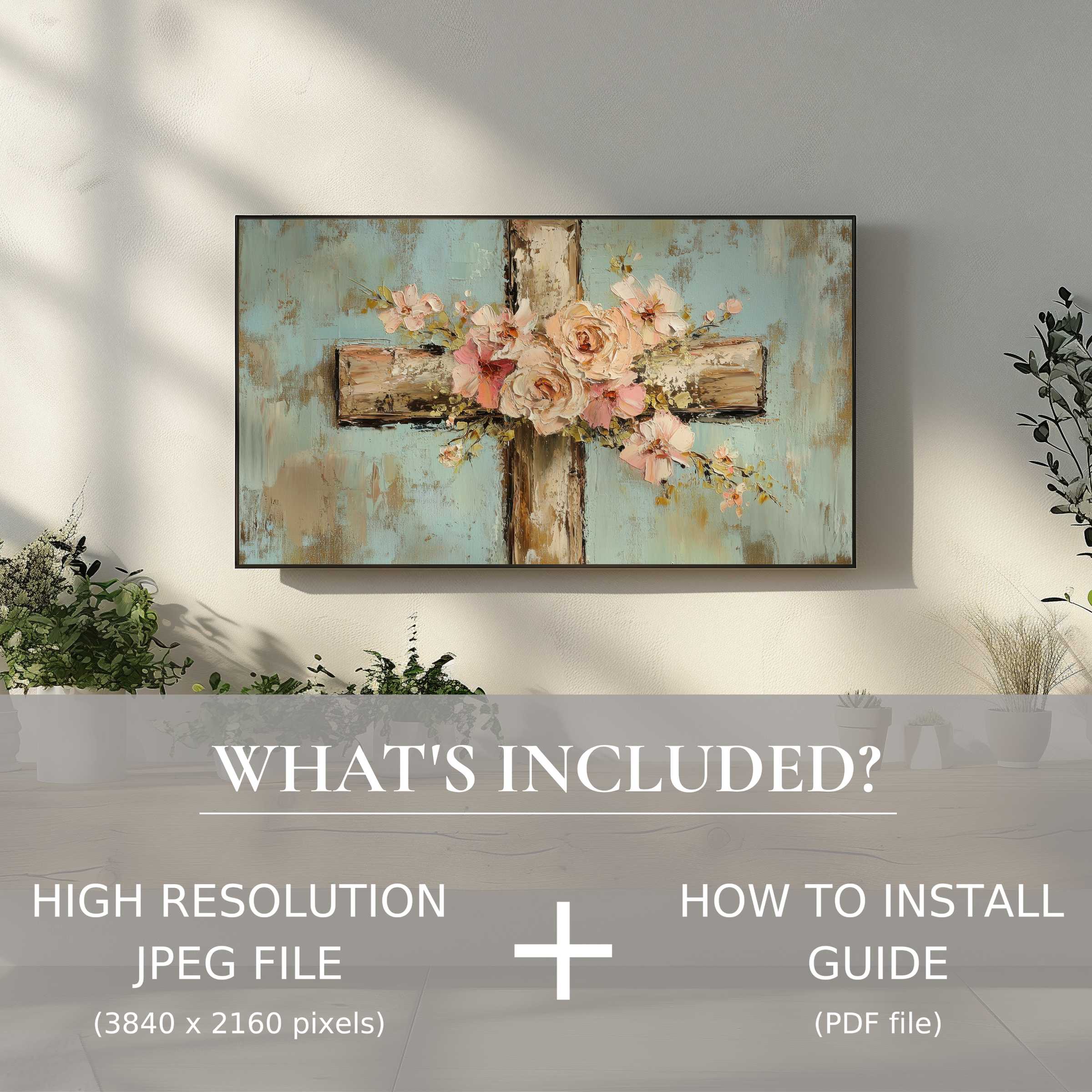 Elegant living room with floral cross art on TV, easter digital TV art download for easy stylish space enhancement