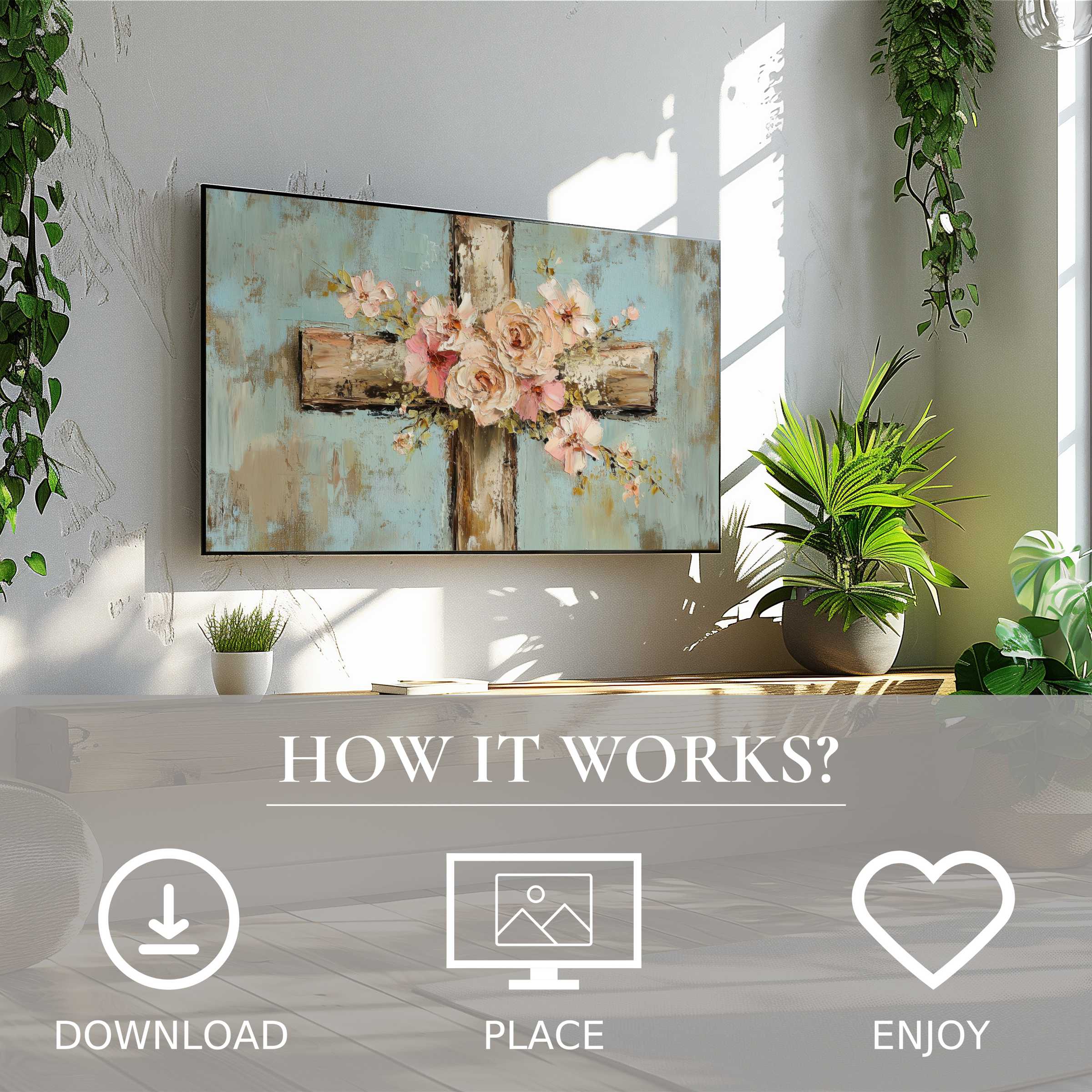 Modern living room with easter art for Samsung TV showing soft pastel cross with floral motif; easy digital download décor