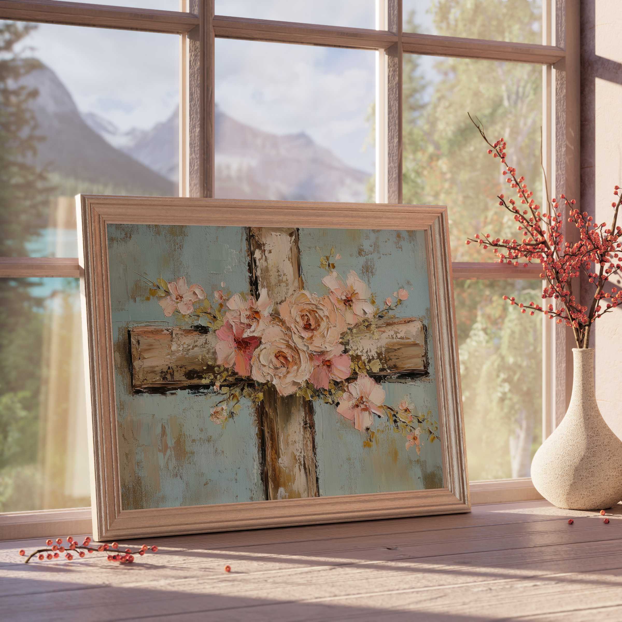 Easter downloadable art featuring a delicate floral cross in soft pastels, elevating serene, curated interiors with timeless elegance