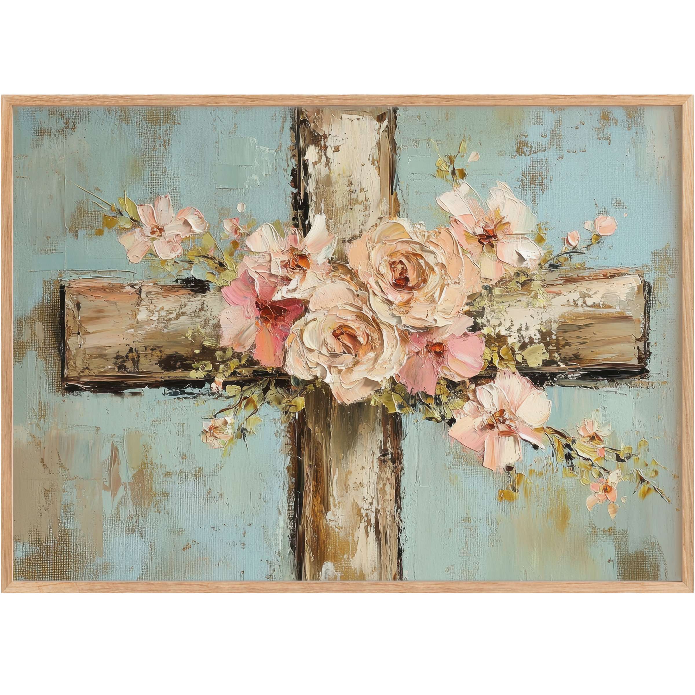 Rustic wood cross adorned with soft pink blooms on serene sky blue-elevate your space with elegant Easter printable wall art