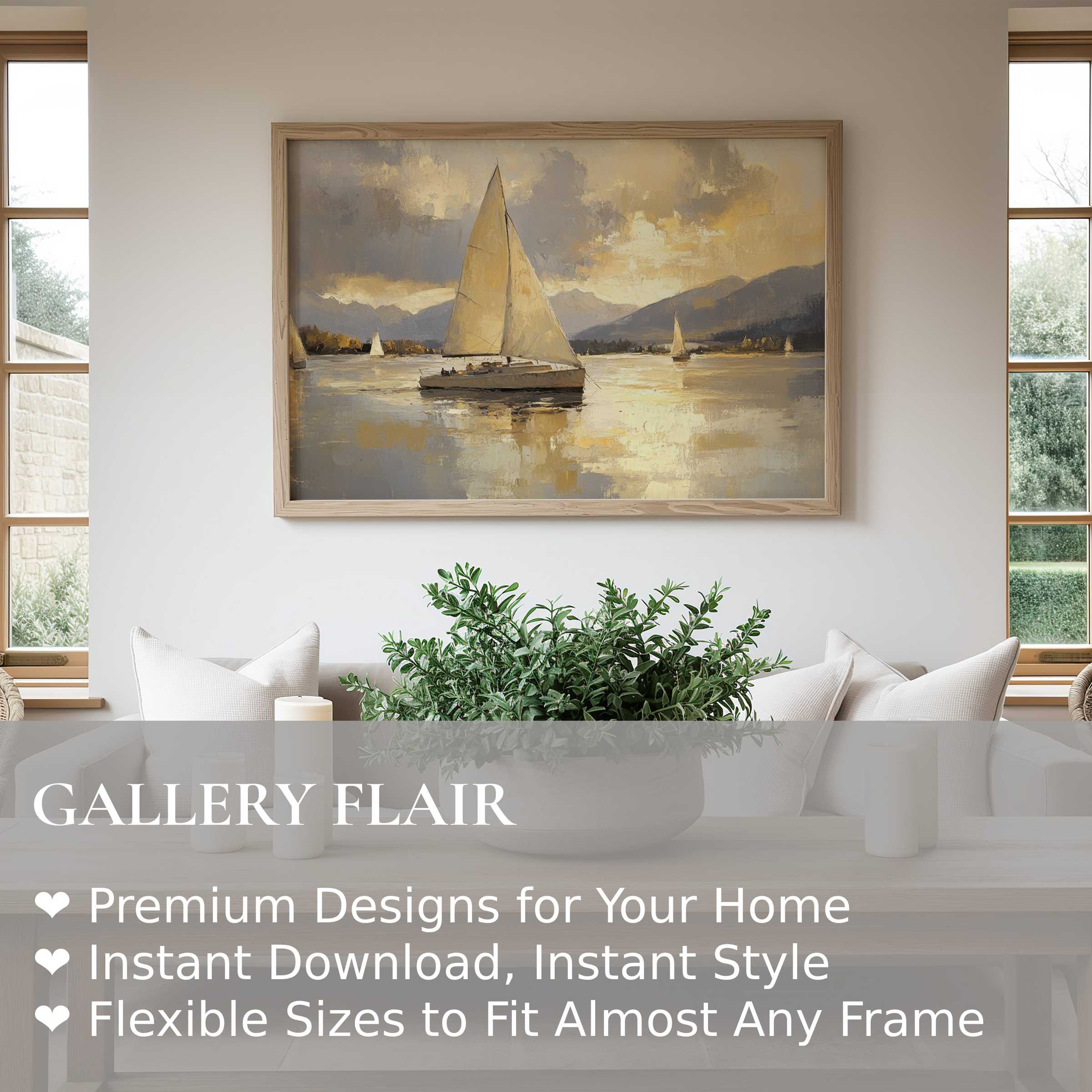 Elegant beach wall art print featuring serene sailboats on tranquil waters, enhancing modern coastal interiors with soft, radiant tones and timeless charm
