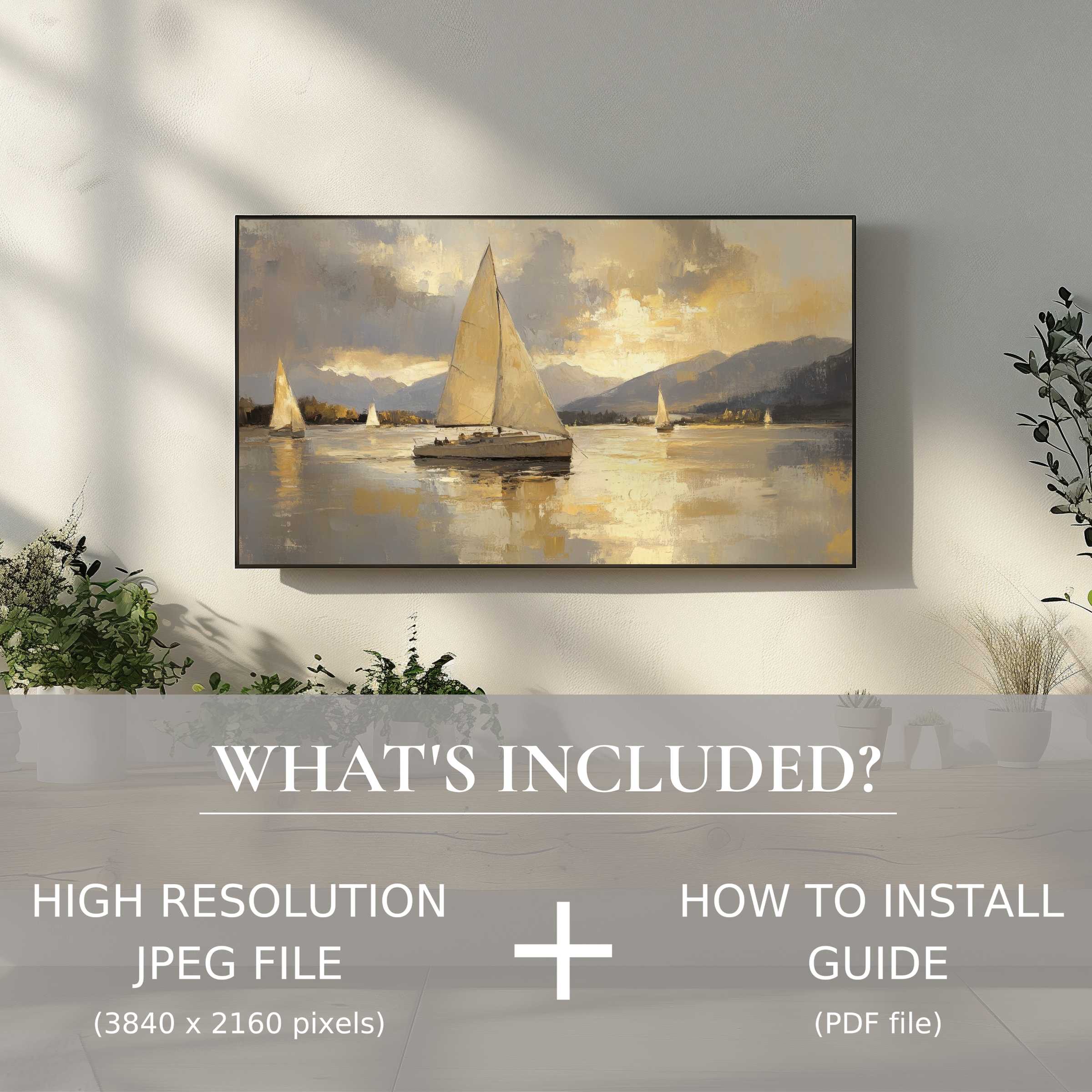 Elegant beach digital TV art download with easy use, enhancing living spaces in a modern, serene coastal setting