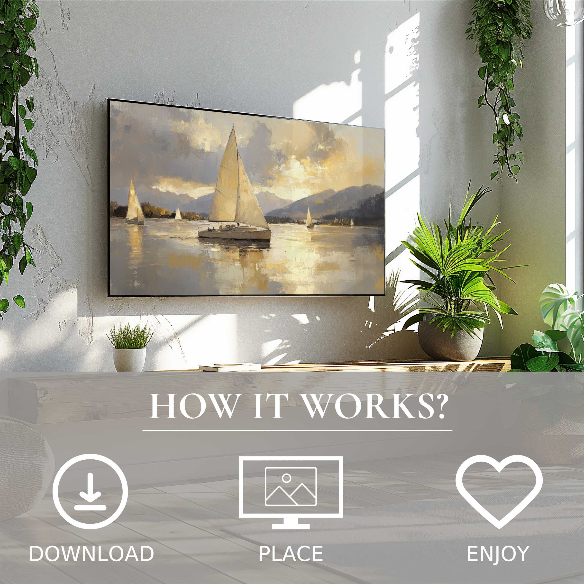 Modern living room with beach art for Samsung TV, soft sailboat tones, easy digital download to enhance space