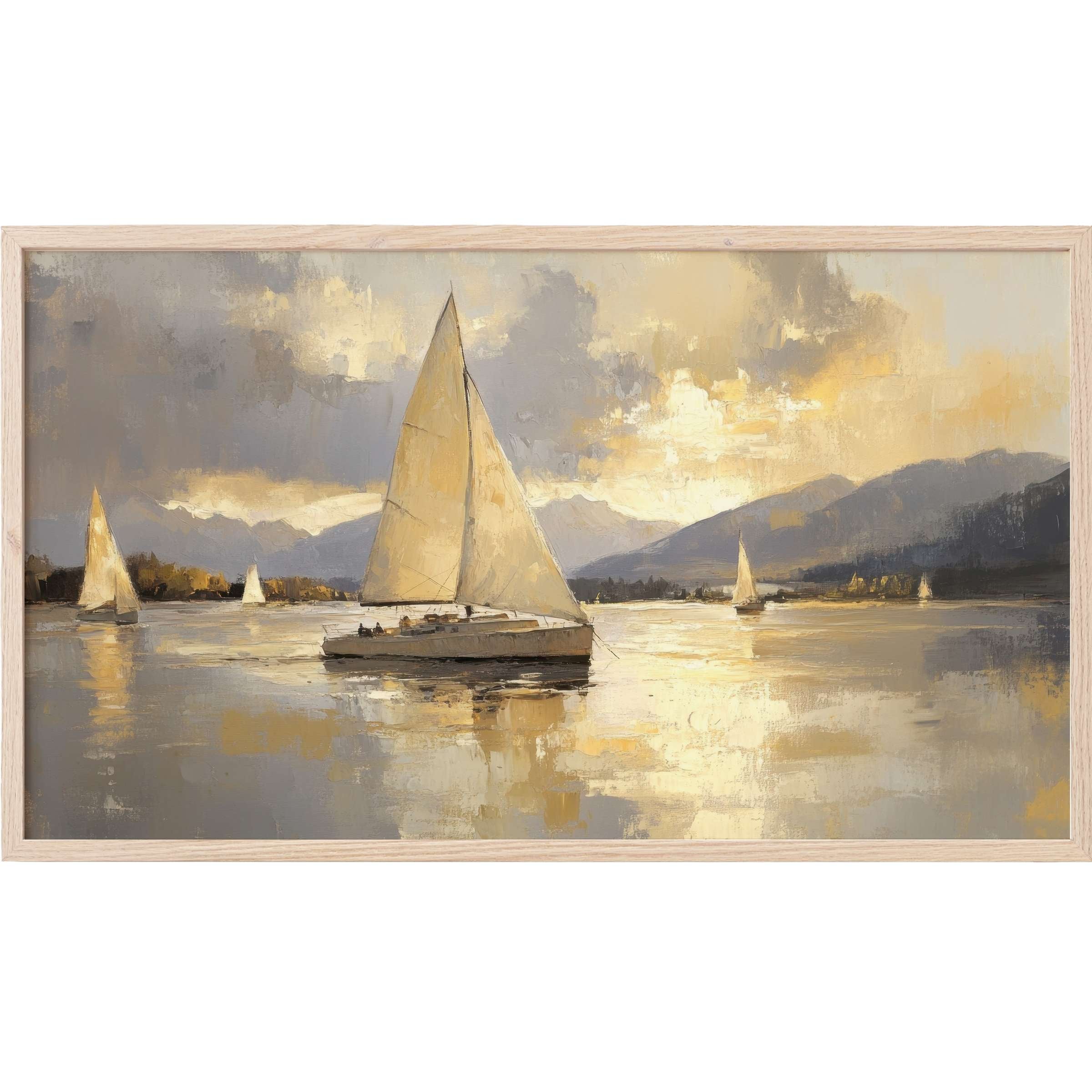 Serene sailboats at dusk in muted golds and grays, capturing calm elegance in beach Frame TV Art