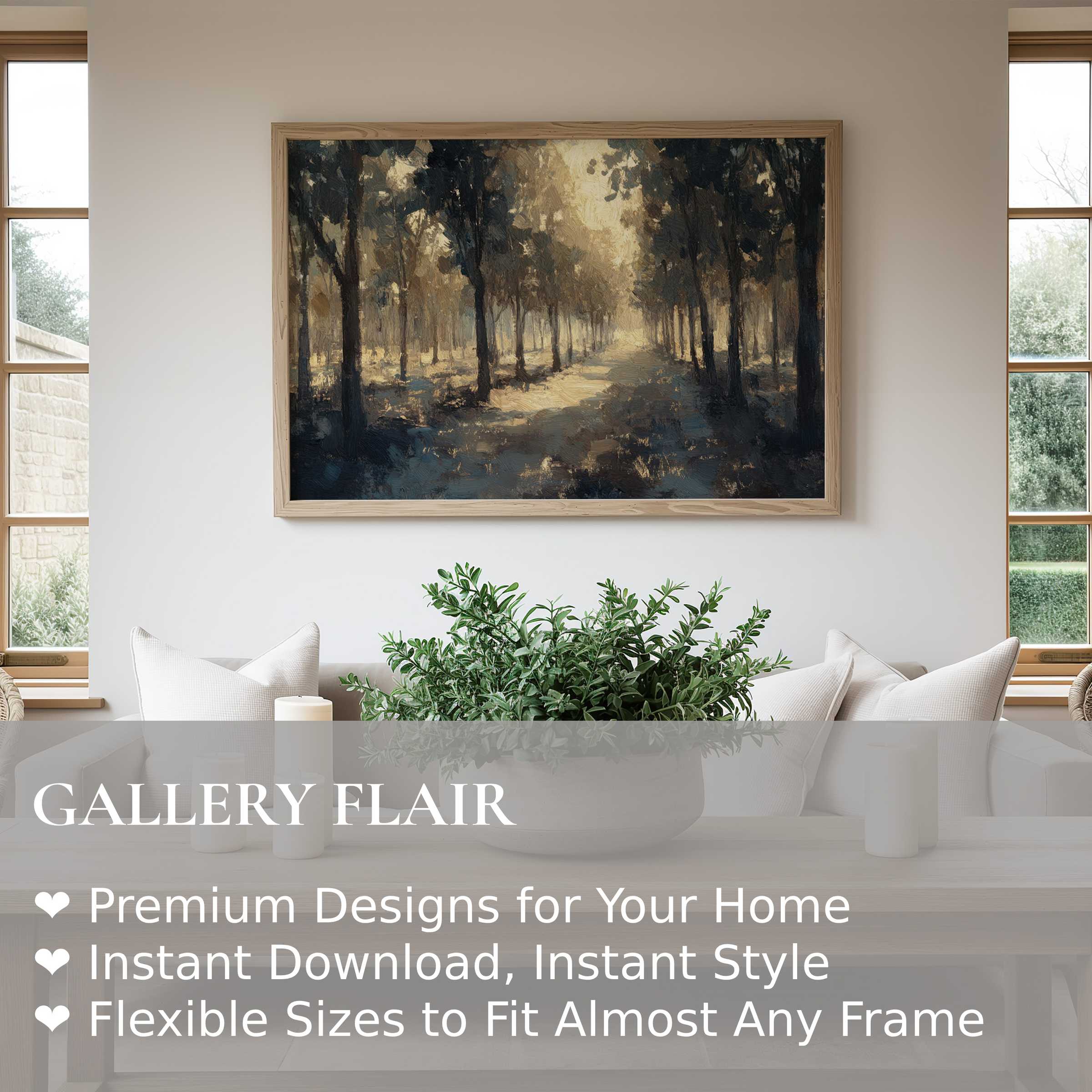 Tree wall art print featuring a serene forest pathway in warm, muted tones enhancing modern minimalist interiors with calming, natural elegance