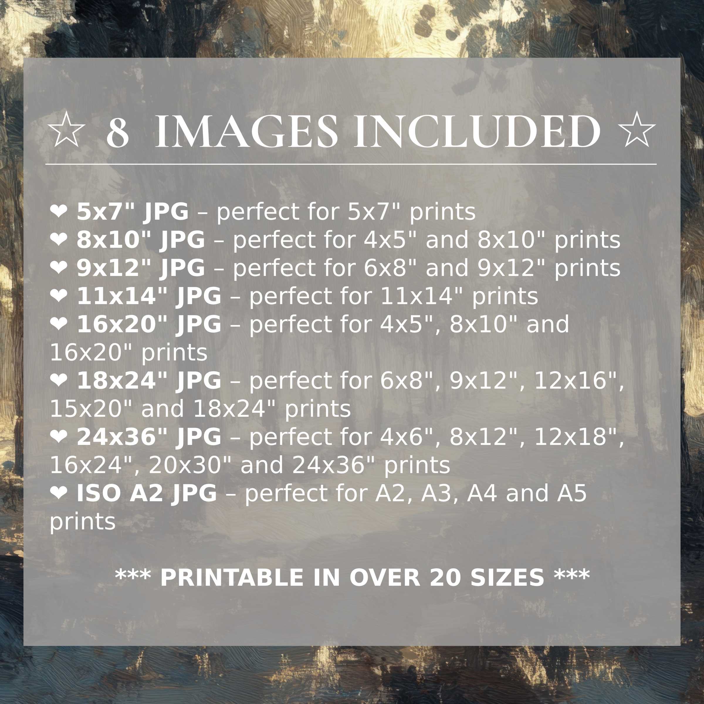 Print size guide showing 8 included JPG formats for versatile wall art printing – perfect for framing in popular sizes from 5x7 to 24x36 and A2