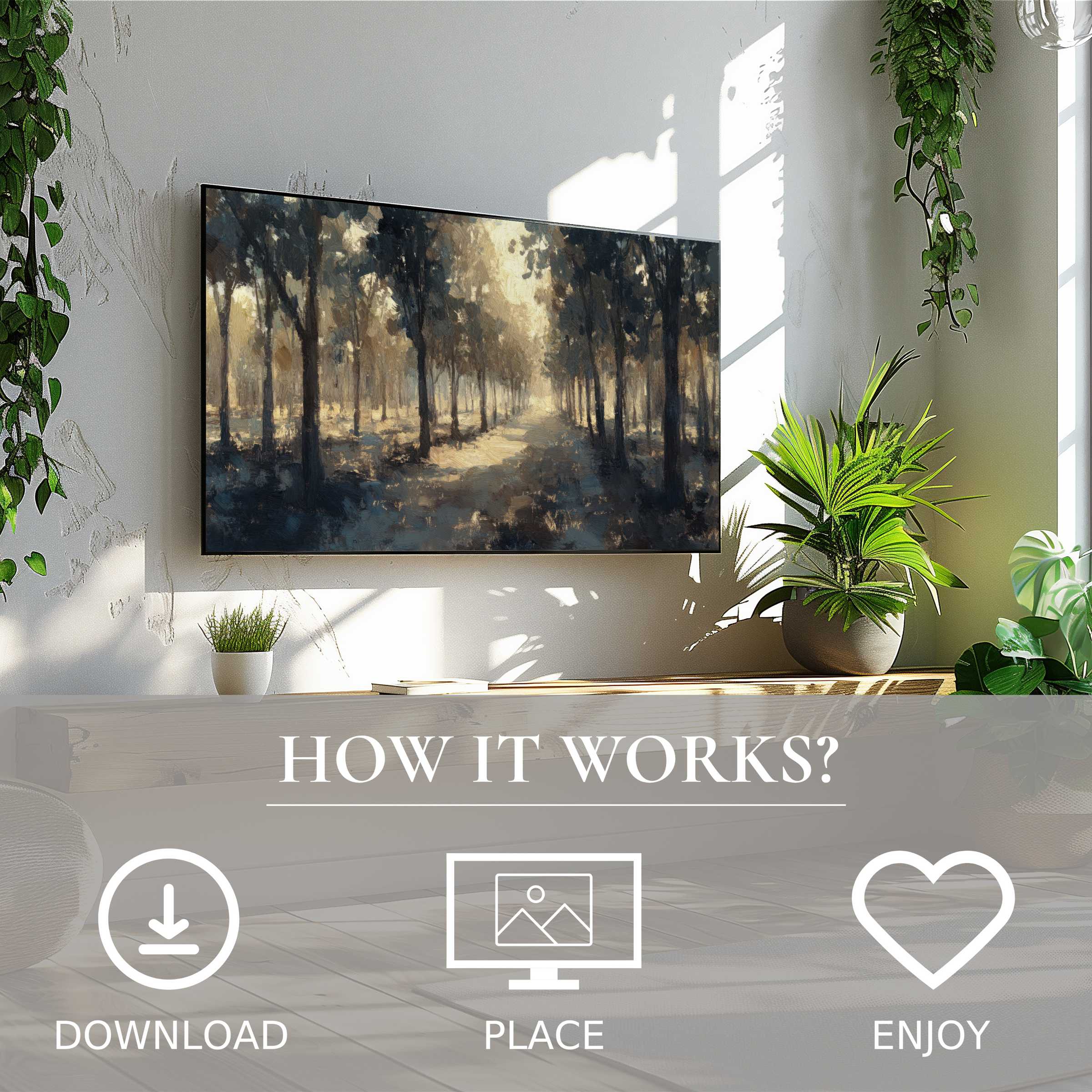 Tree art for Samsung TV in soft golden tones, easy digital download enhances any modern living space beautifully