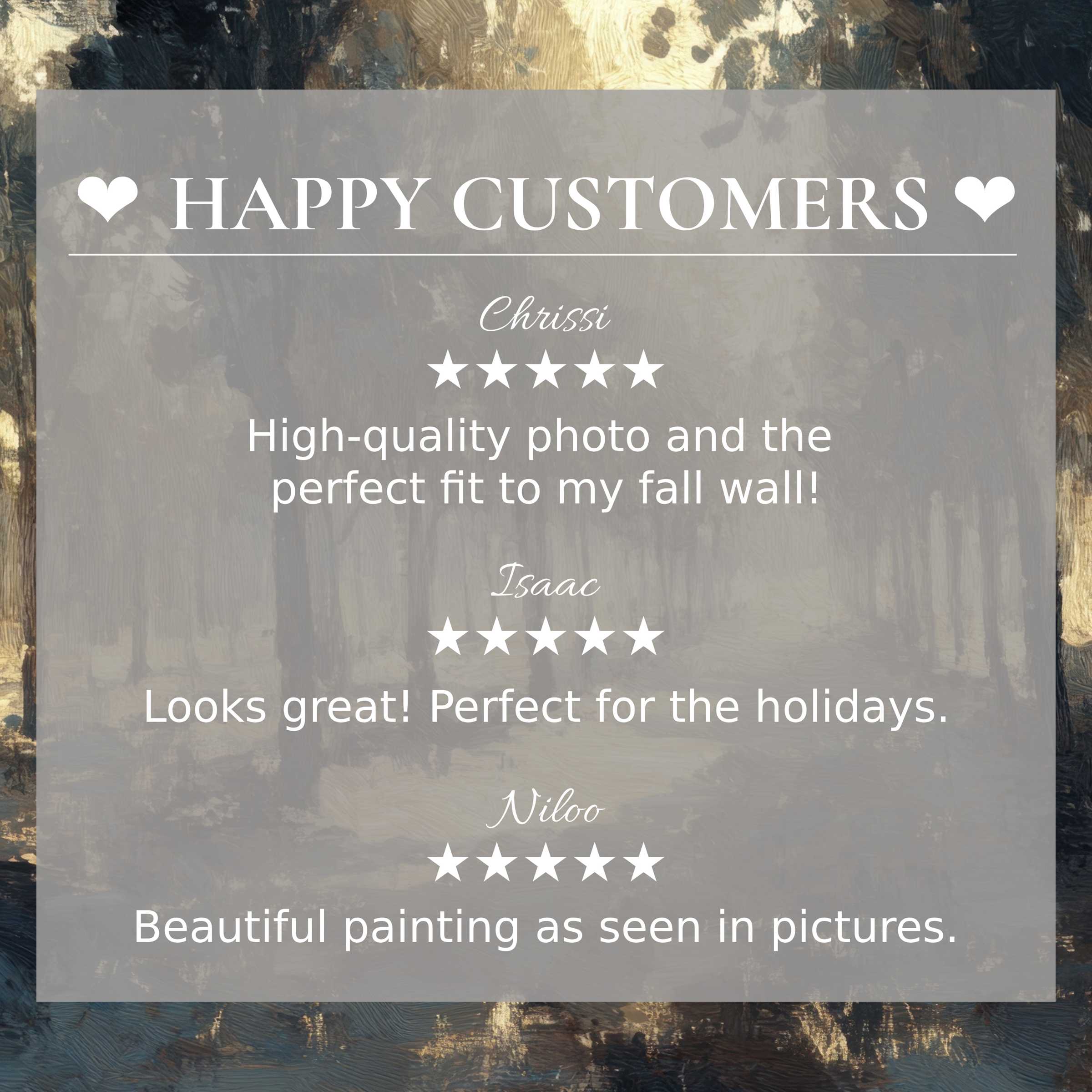 Trees art for Frame TV with abstract warm hues; happy customer reviews highlight trust and refined elegance
