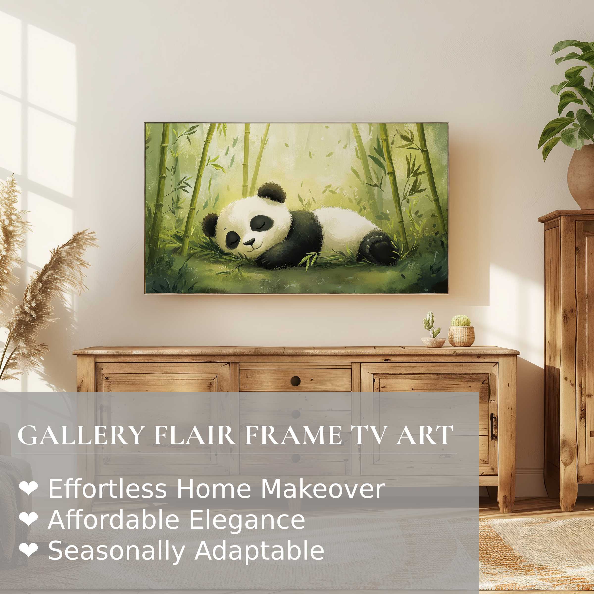 Samsung Frame TV displays serene nursery digital artwork of a sleeping panda in a modern, nature-inspired setting