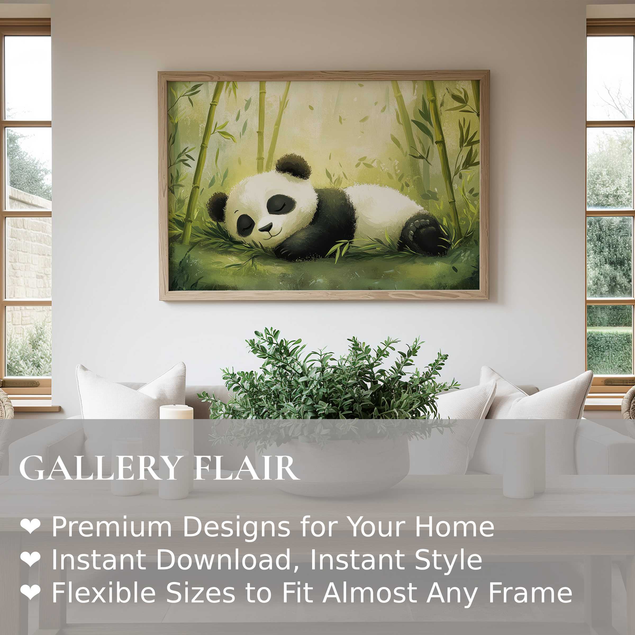 Nursery wall art print of a serene sleeping panda amidst bamboo, adding soft, calming charm to minimalist, nature-inspired interiors