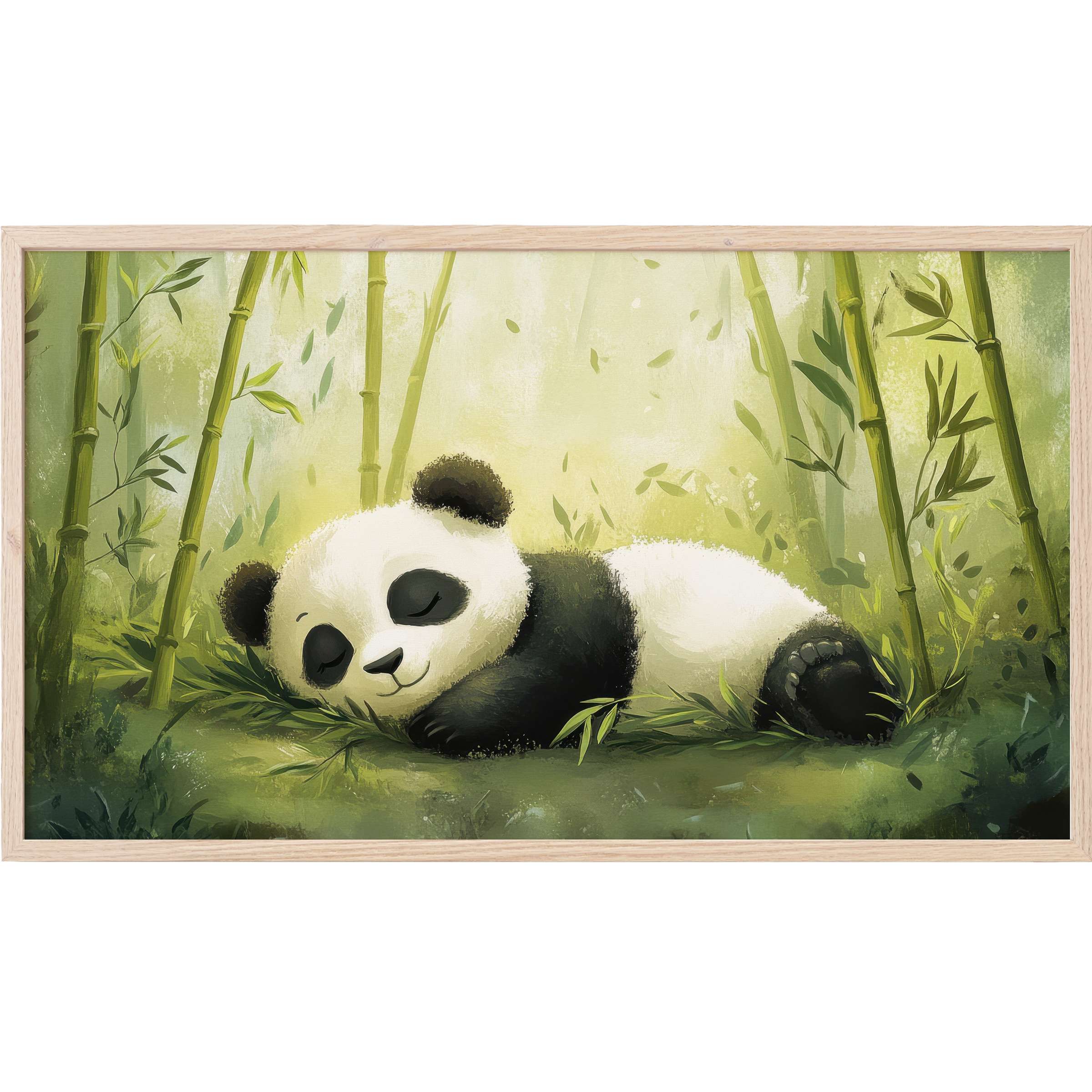Sleeping panda amidst soft green bamboo grove in serene nursery Frame TV Art with gentle, modern watercolor tones