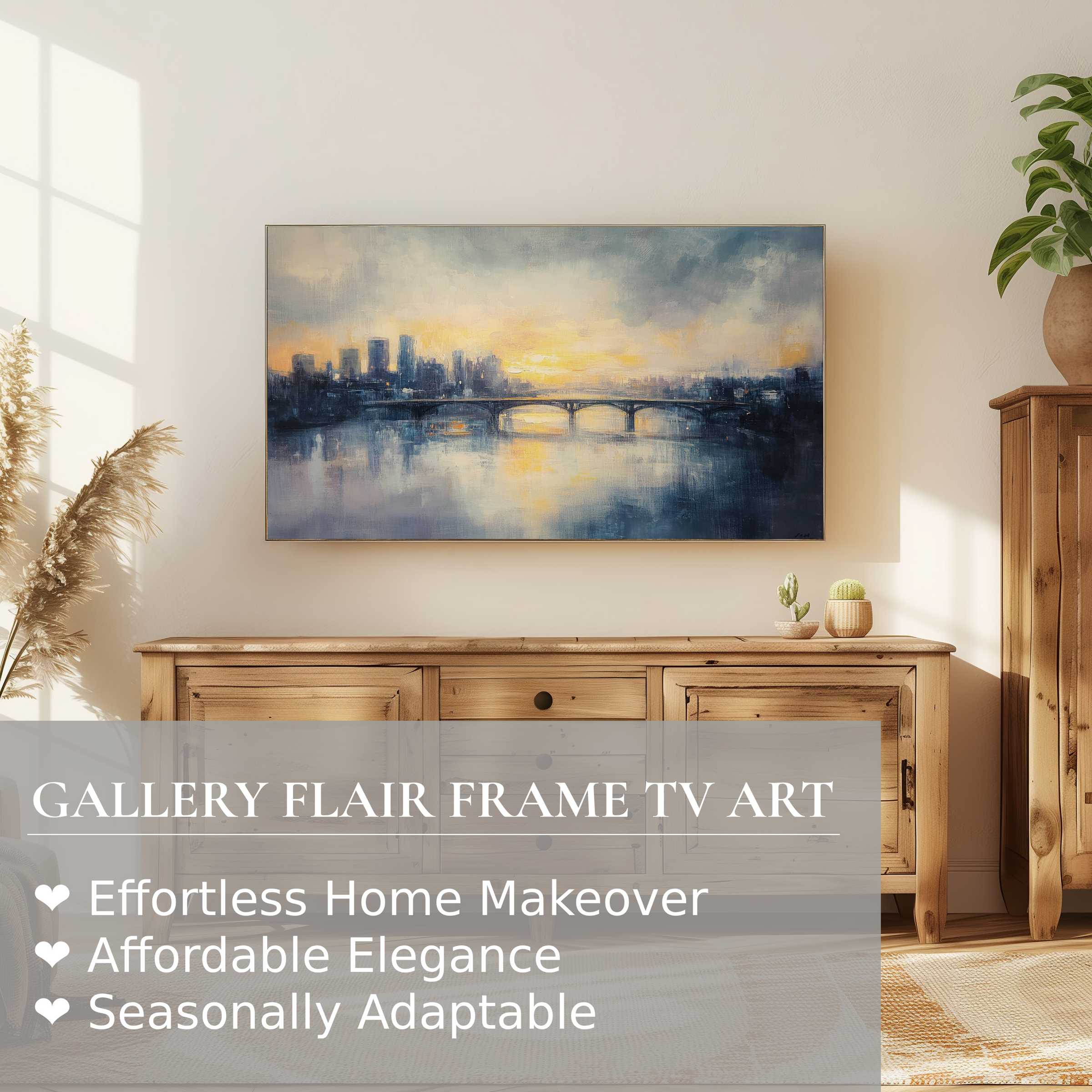 Elegant urban digital artwork of a misty cityscape at dusk on Samsung Frame TV in a warm, modern living space