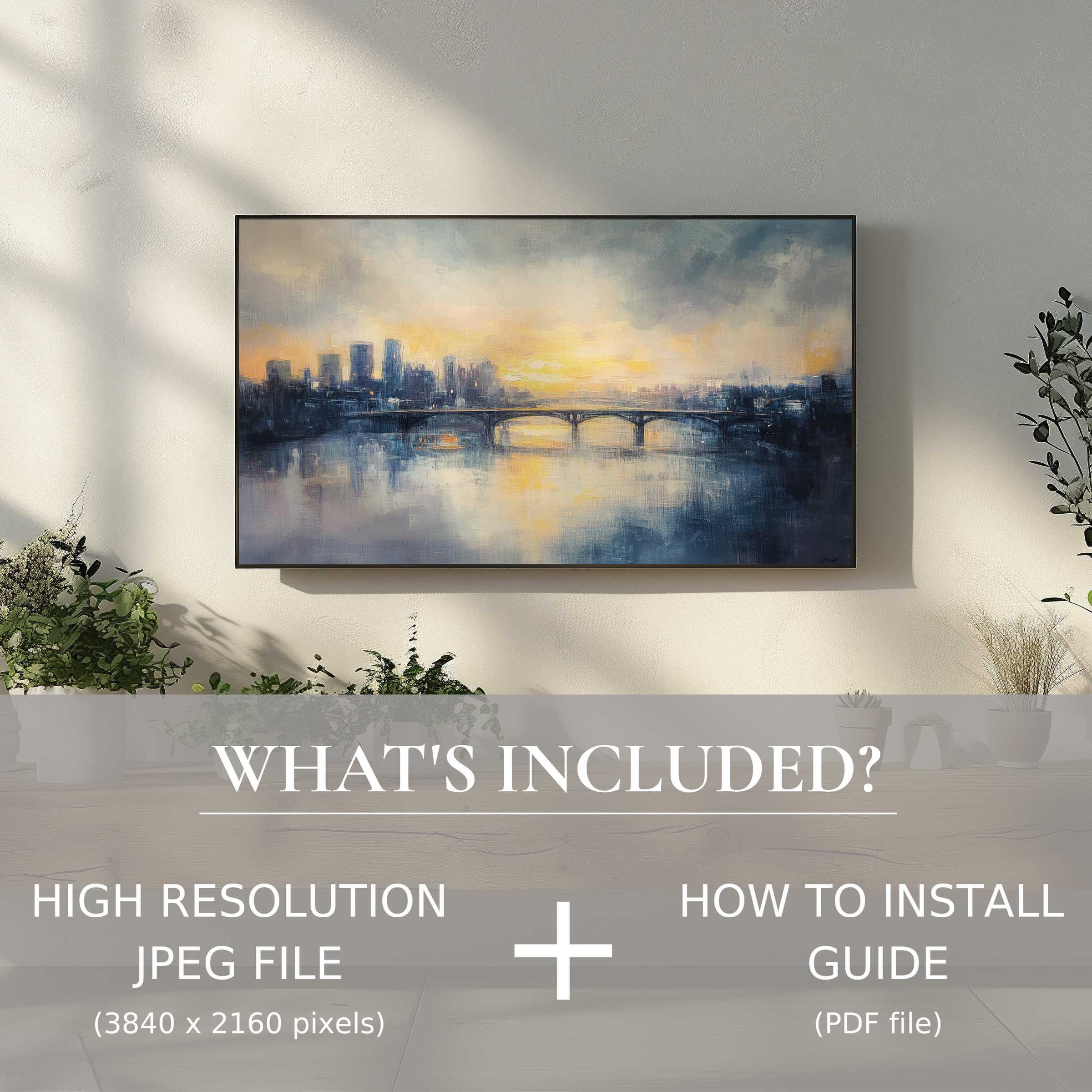 Elegant urban digital TV art download showcasing a serene cityscape, enhancing living spaces with easy digital use