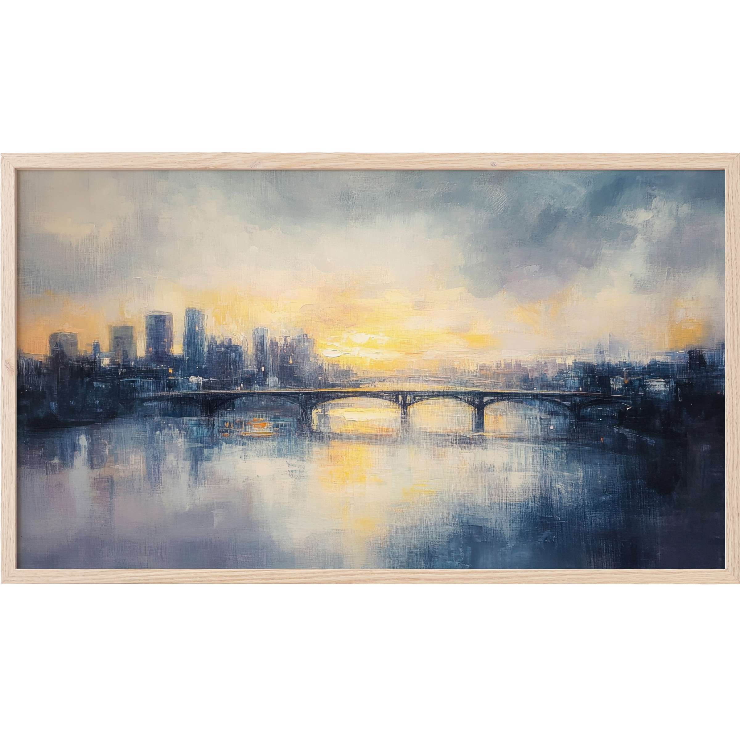 Urban skyline at sunset with soft yellow, blue, and gray tones in a textured, modern urban Frame TV Art style