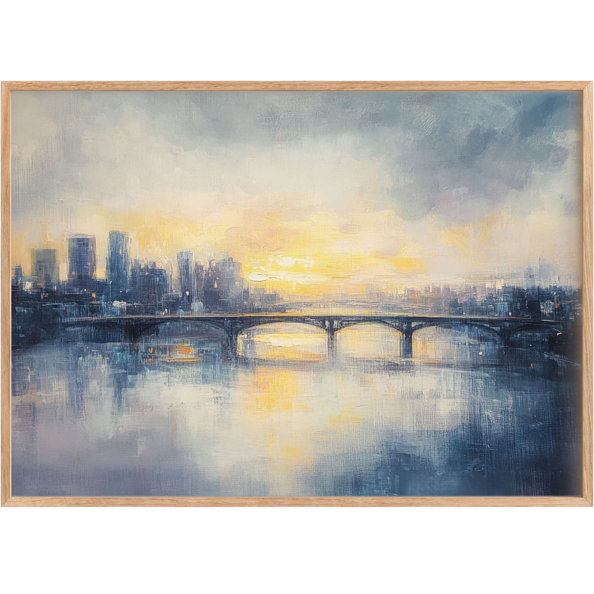 Serene urban printable wall art capturing a misty city skyline at sunrise, blending soft blues and golden hues for a tranquil, sophisticated ambiance