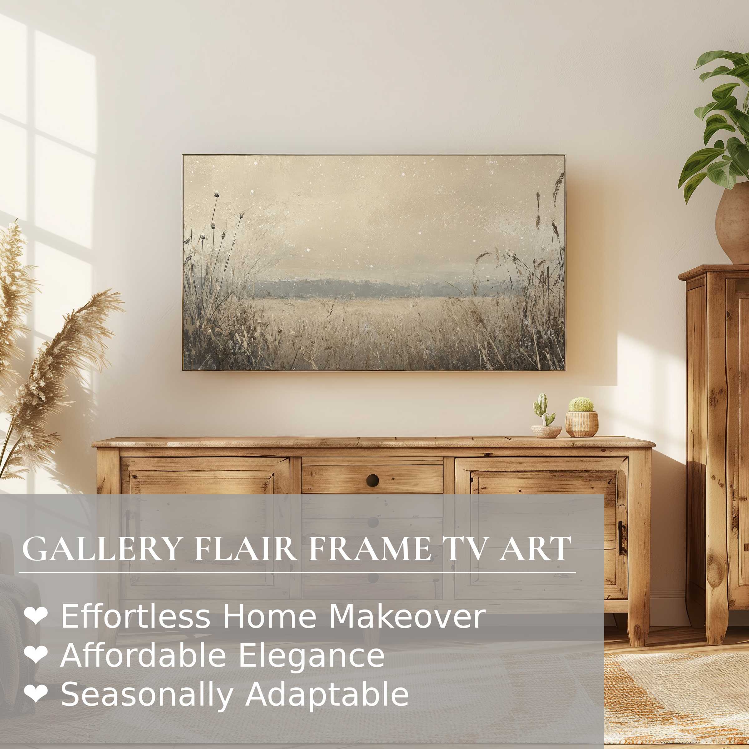 Sophisticated vintage digital artwork on Samsung Frame TV in serene, sunlit room with natural wood decor and greenery