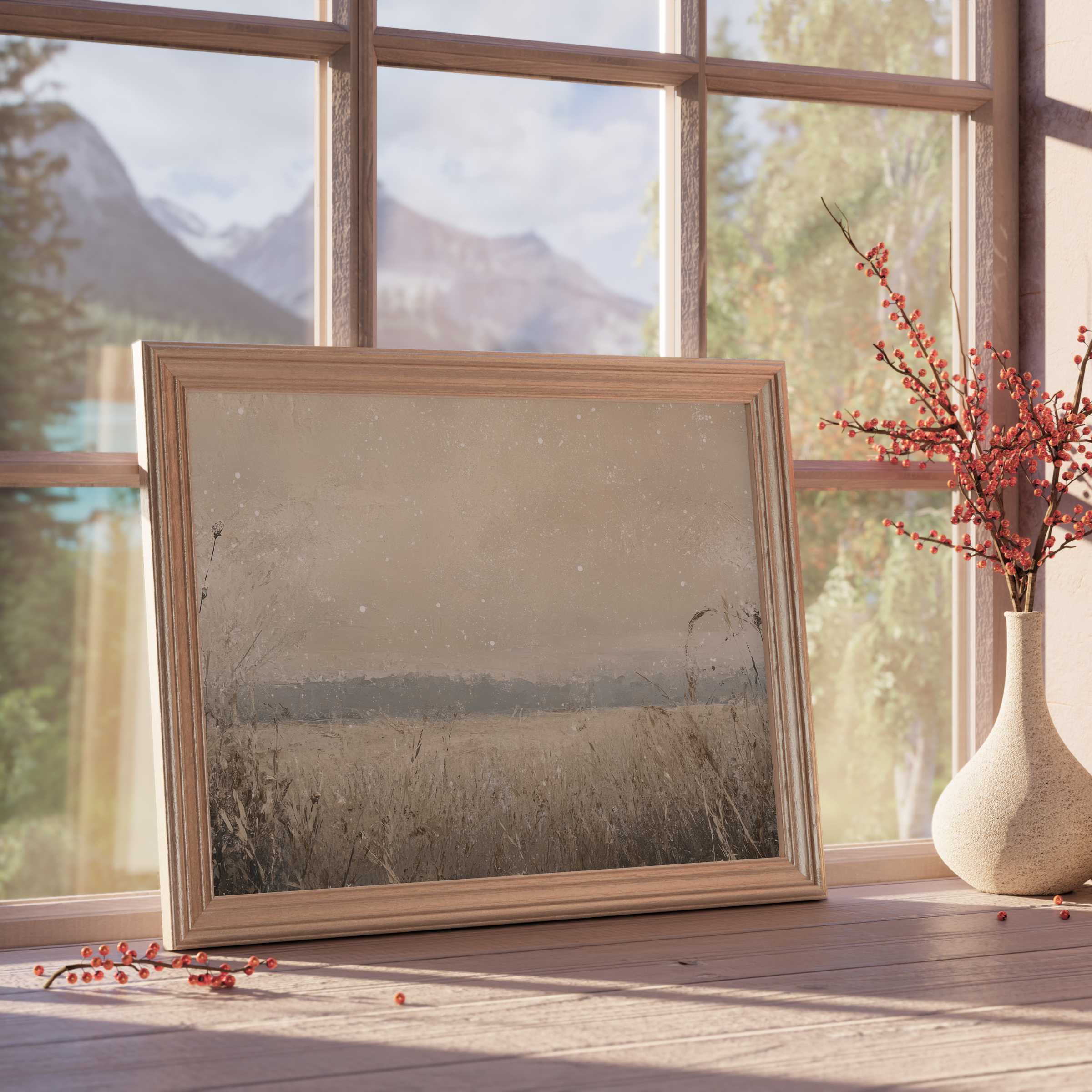 Vintage downloadable art capturing a tranquil, muted field scene with soft textures, perfect for curated, serene interiors