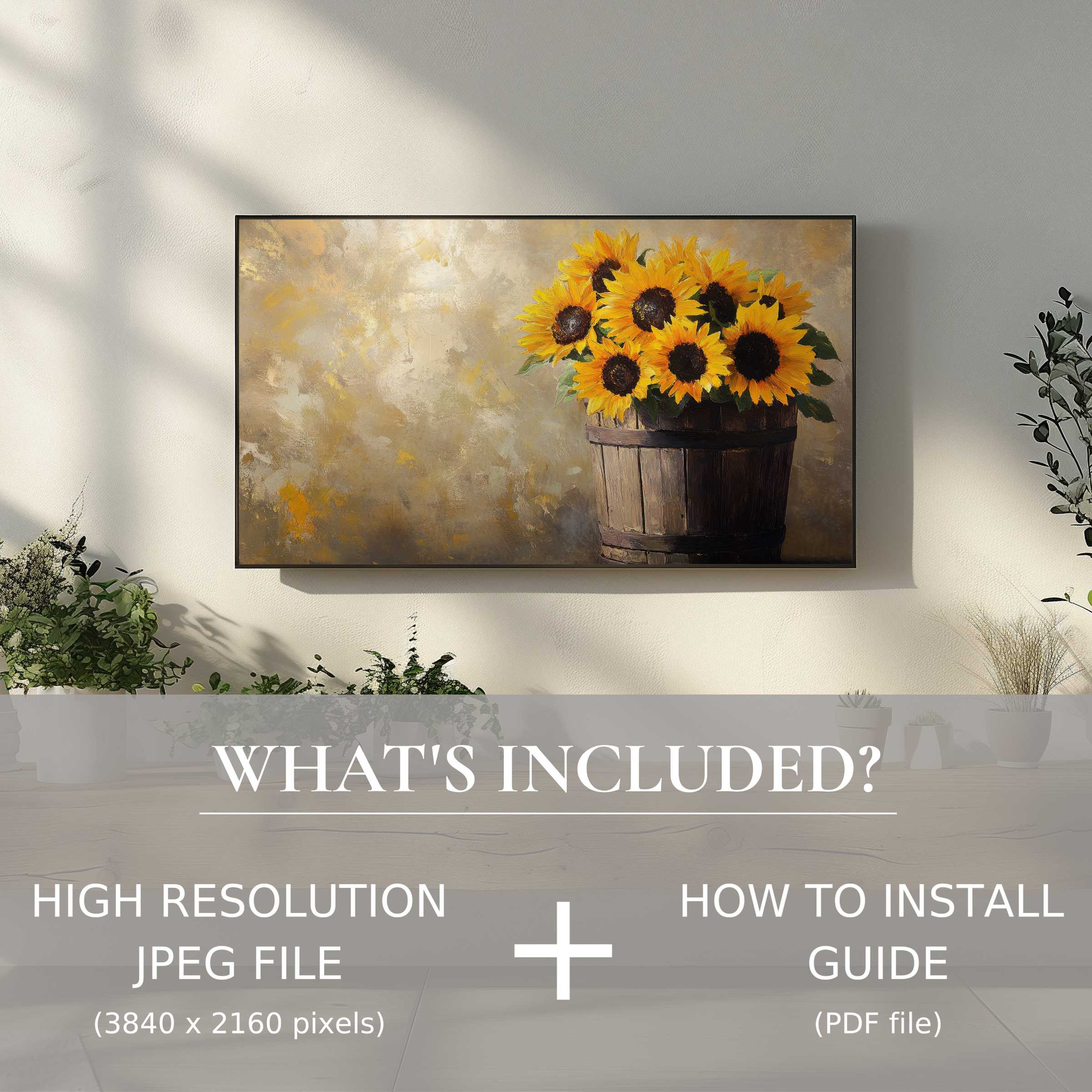 Elegant farmhouse digital TV art download with sunflowers enhances living spaces; easy digital use and instant style upgrade