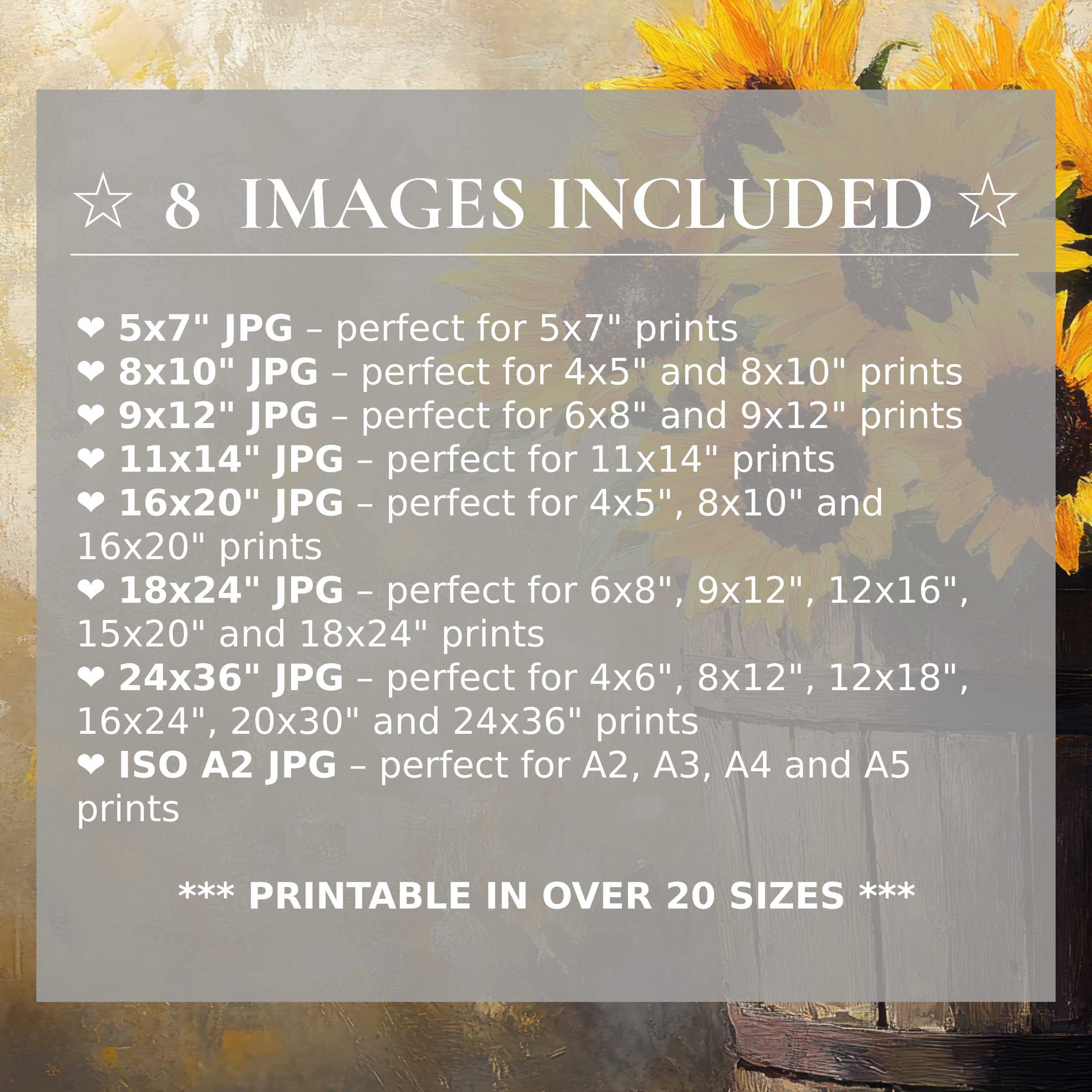 Radiant farmhouse digital print with warm yellows and earthy tones, included in 8 high-quality sizes to elevate modern interiors