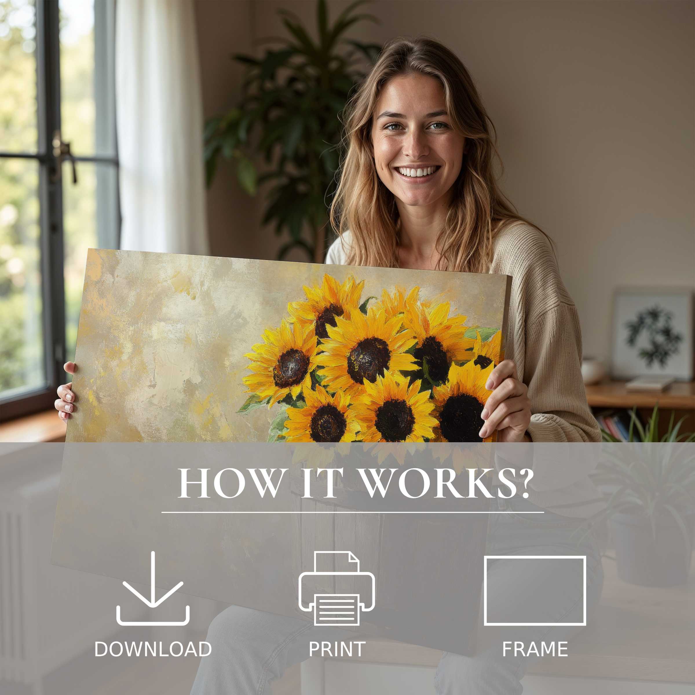 Radiant farmhouse digital art print brings warmth and joy to chic modern living, inspiring effortless connection with art