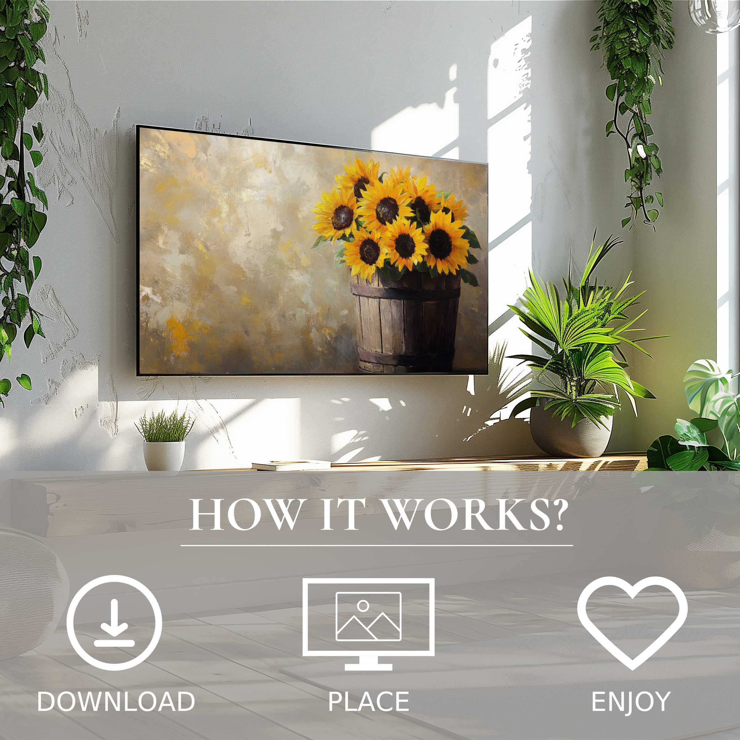 Farmhouse art for Samsung TV with sunflower motif, easy digital download enriches modern living space warm tones