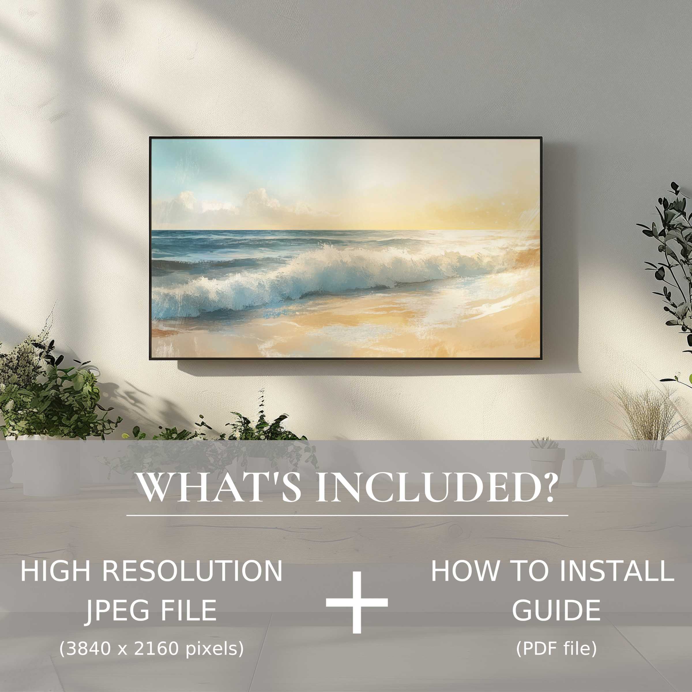 Elegant summer digital TV art download of soothing ocean waves, enhancing spaces with easy digital use and modern style