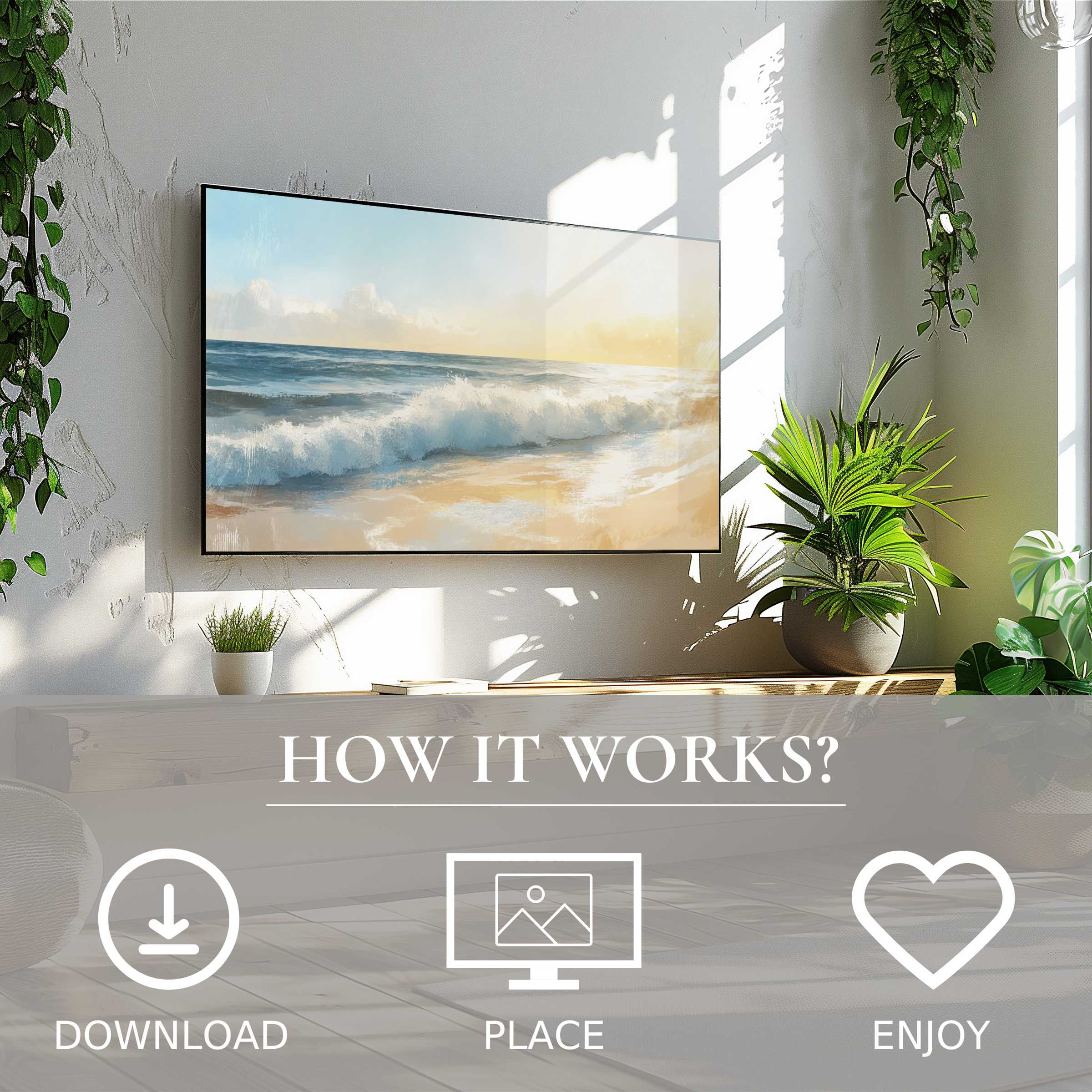 Summer art for Samsung TV: digital download with soft sunset tones enhances modern living spaces, easy to place and enjoy