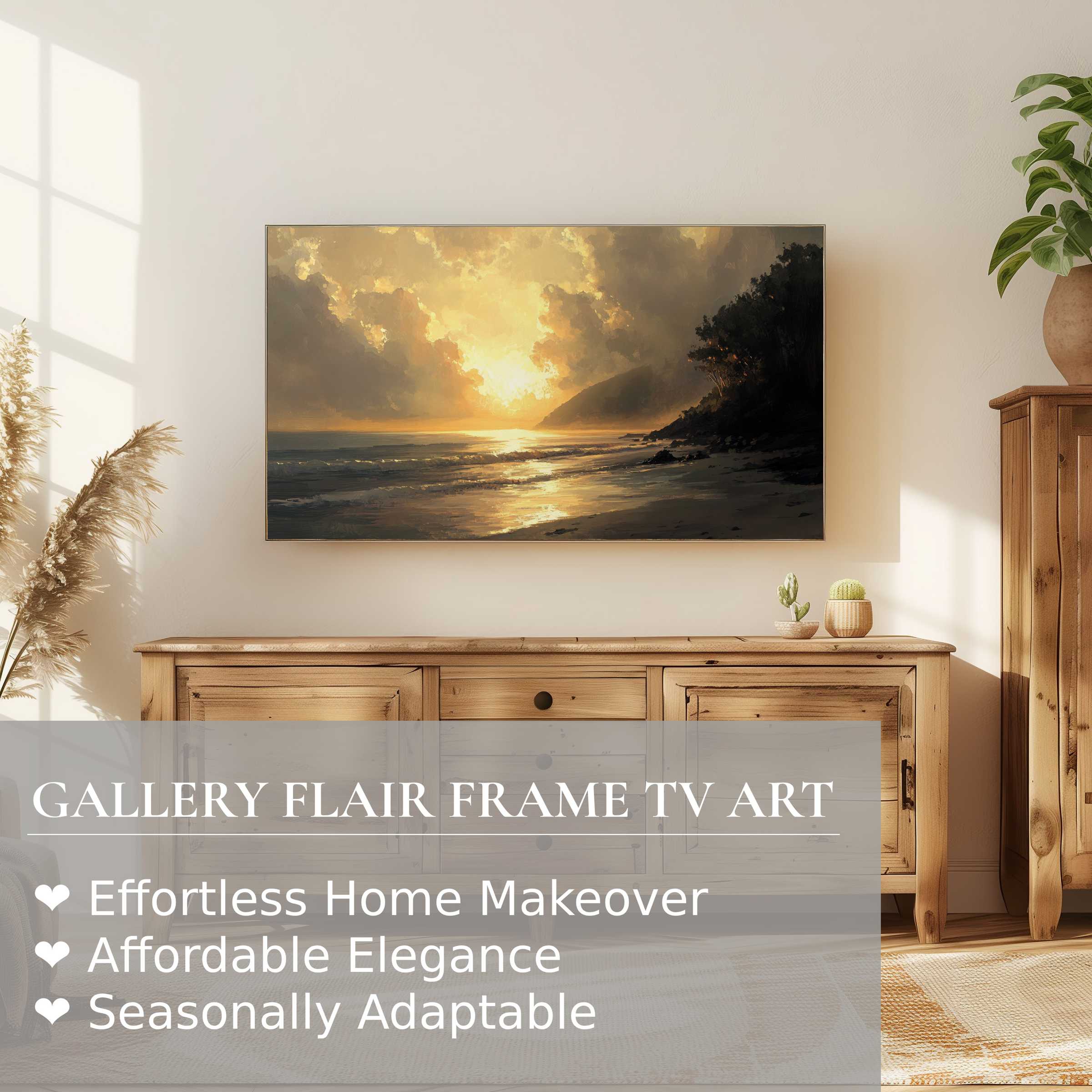 Samsung Frame TV displaying a serene landscape digital artwork with warm, golden sunset hues in a stylish room