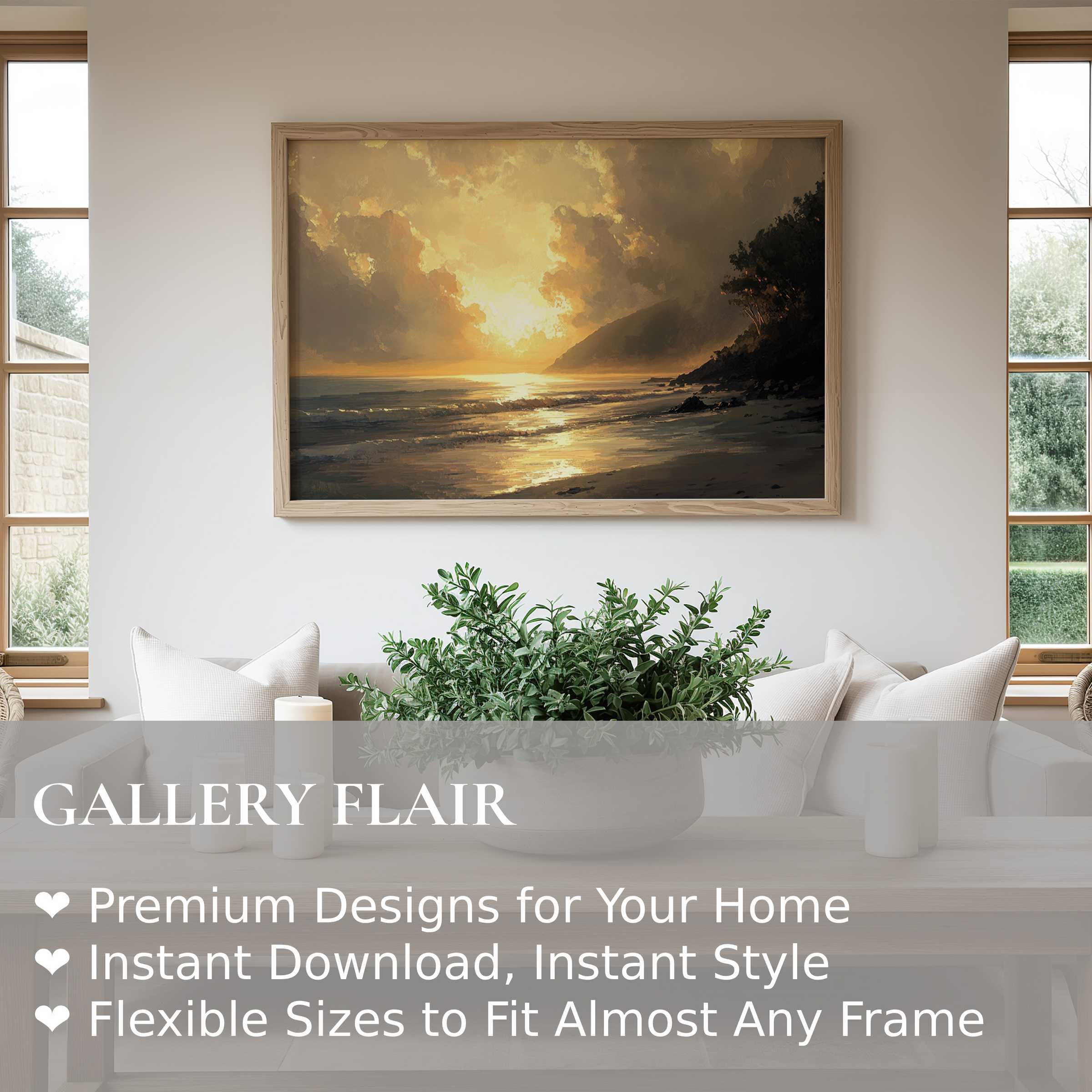 Radiant landscape wall art print capturing a golden sunset over serene ocean waves, enhancing modern minimalist interiors with calming coastal elegance