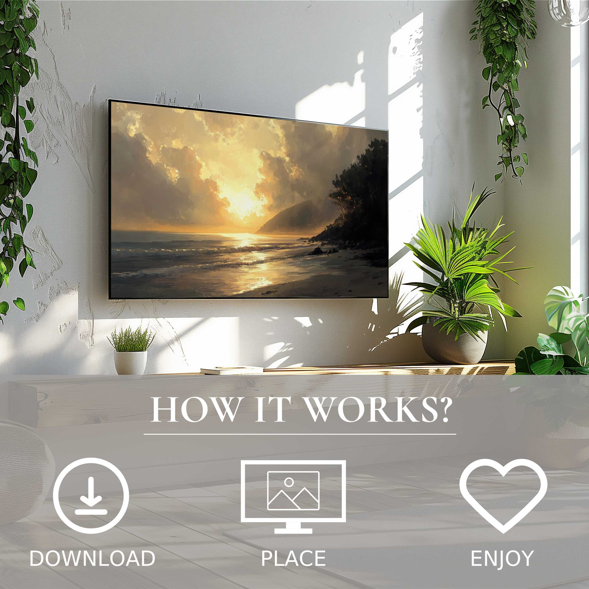 Landscape art for Samsung TV showing warm sunset tones; easy digital download enriches stylish living spaces