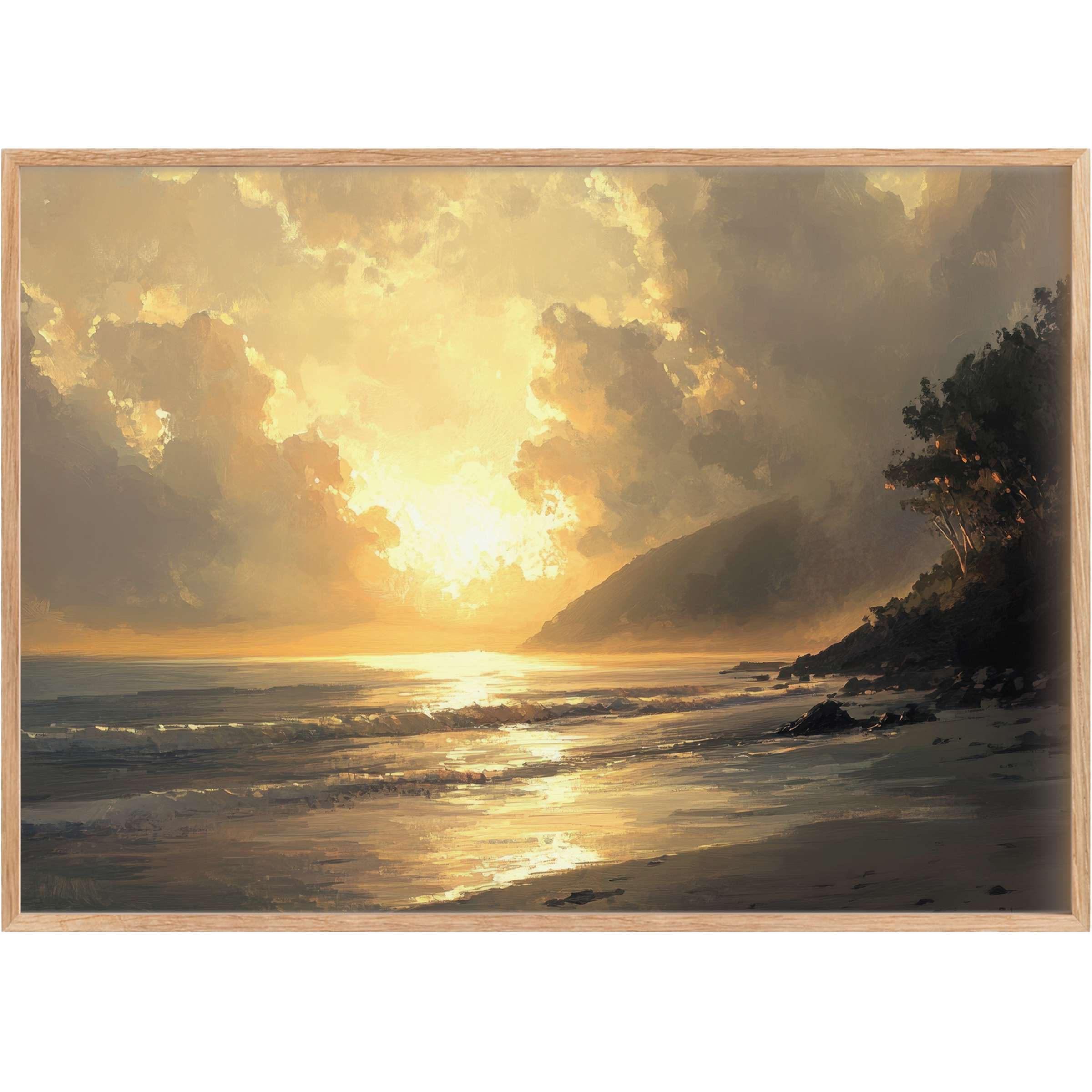 Radiant landscape printable wall art capturing a golden sunset over serene waves, infusing spaces with warm tranquility and depth