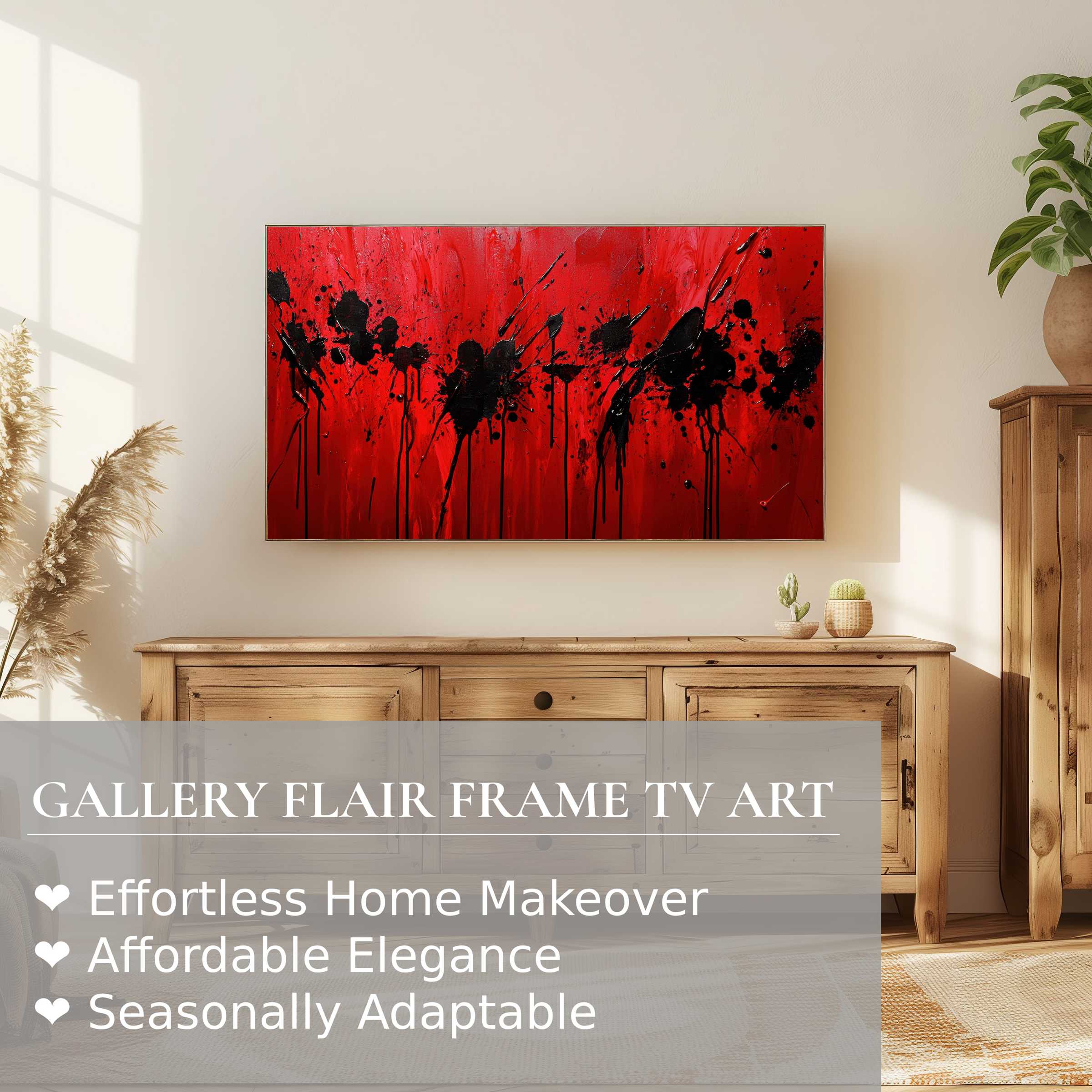 Samsung Frame TV showcasing bold modern digital artwork with red and black abstract splashes in a stylish, sunlit room